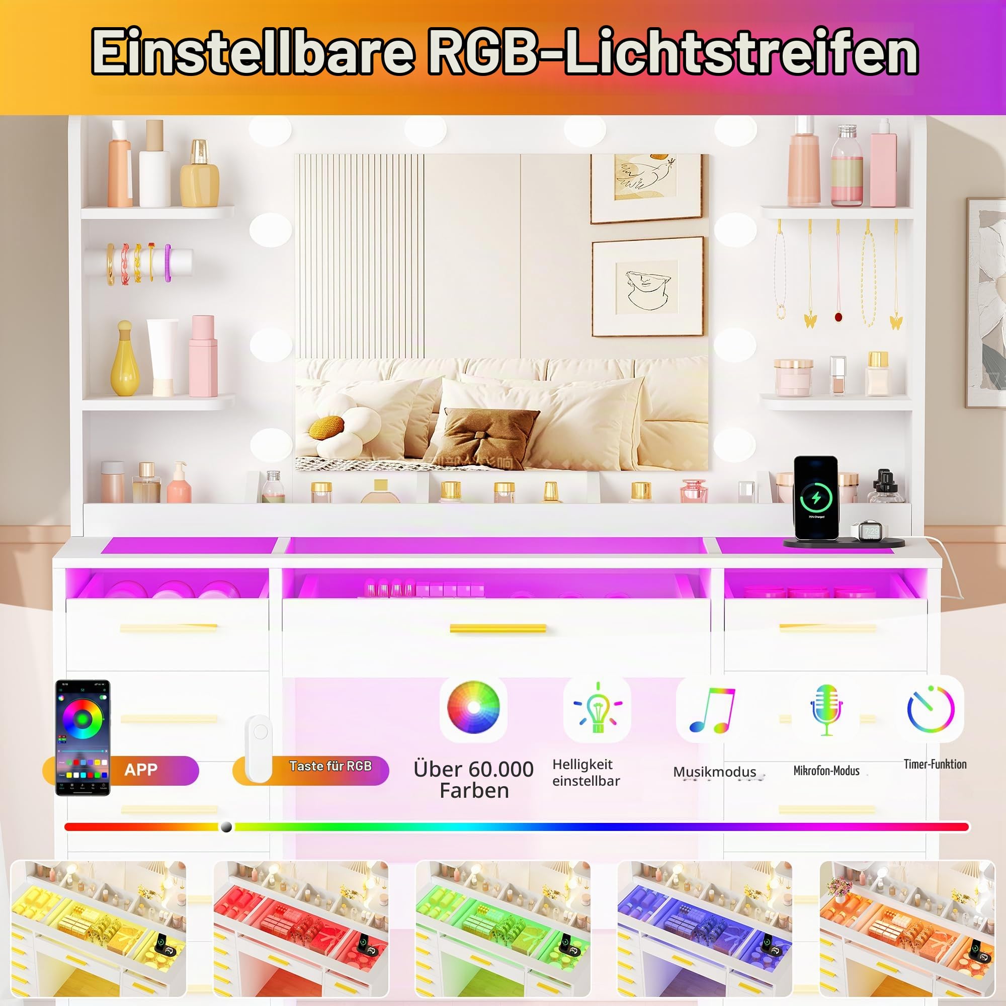 ANWBROAD Großer Schminktisch mit RGB-Beleuchtung und Spiegel