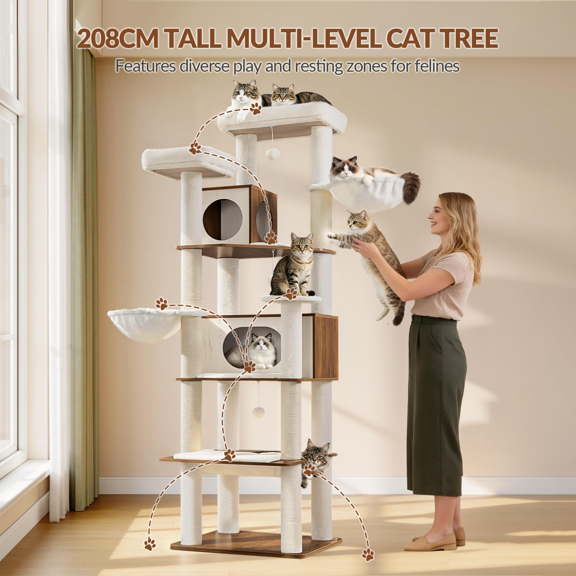 Arbre à Chat XXL, 208 cm Tour de Jeu, Marron et Blanc | Grande Niche et Hamac, 2 Plateformes, 5 Poteaux à griffer, Panier, Pom-poms, pour l'intérieur Moderne FPMS016PWR1