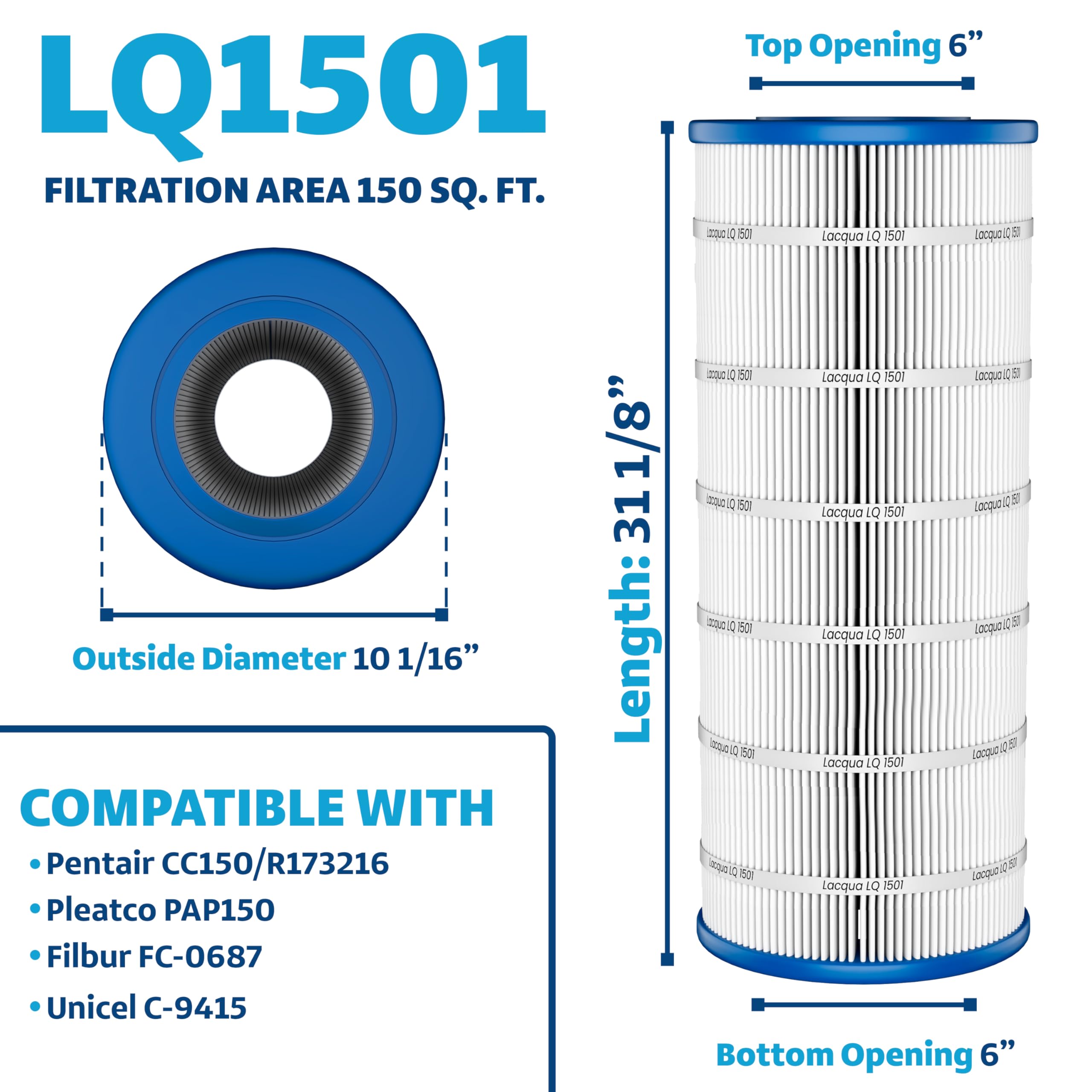 LACQUA Pool Filter Cartridge LQ1501 150 SqF Replaces Pentair Clean & Clear 150, CC150, CCRP150, Posi Clear PXCRP150, R173216, PAP150, PP-C4-M, C4-M, Unicel C-9415, FC-0687, Hose Nozzle Included