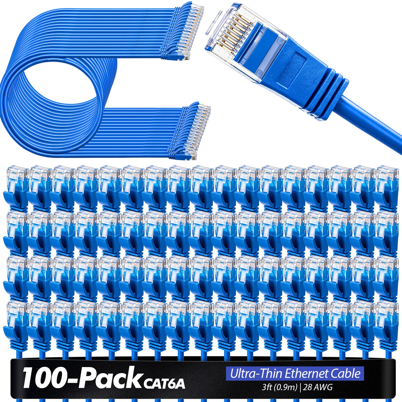 Paquete de 100 cables de conexión Cat6a a granel de 3 pies, cables Ethernet delgados, 10 gbps de alta velocidad, cable Cat6a flexible sin enganches para panel de conexión, interruptor, router