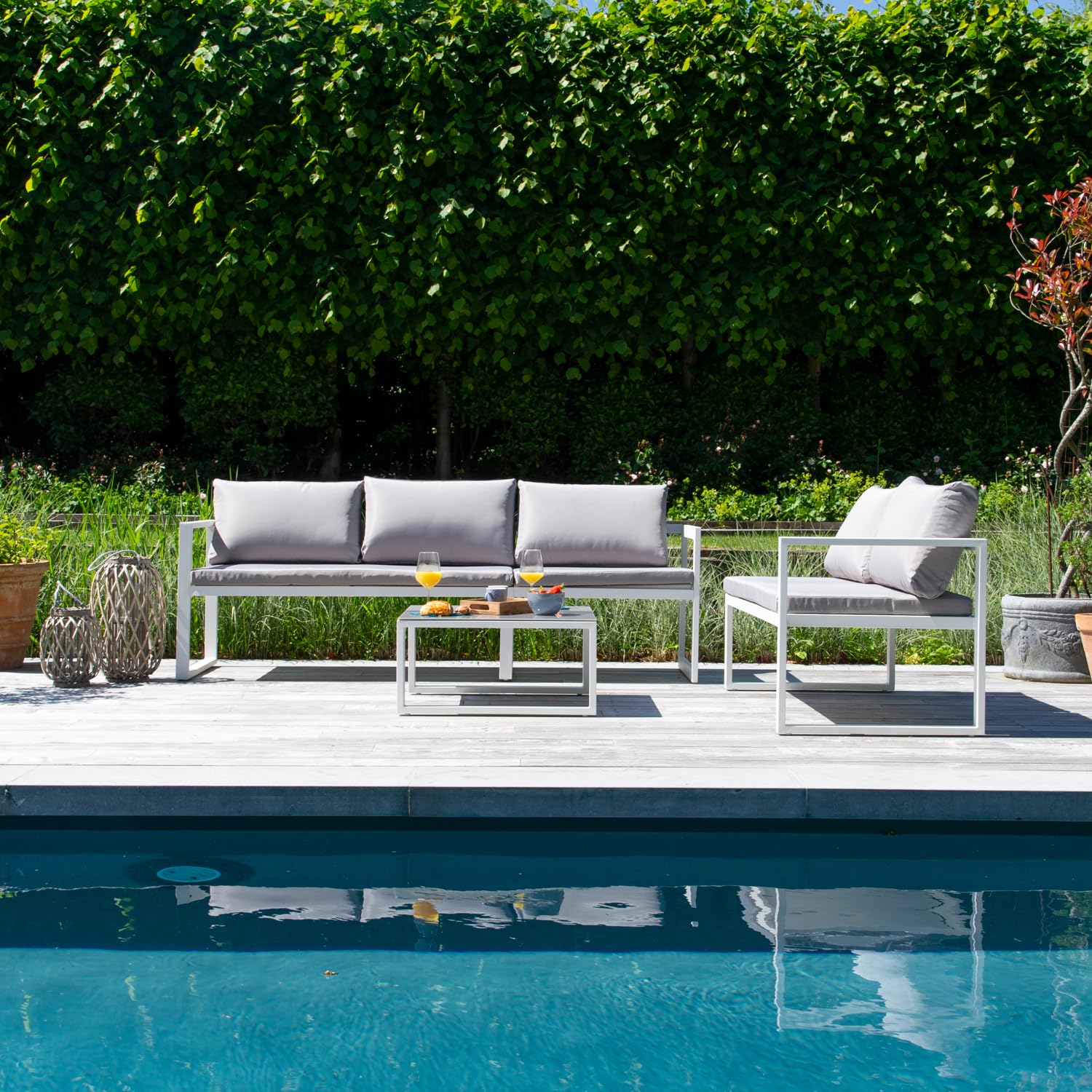 Happy Garden Salon de Jardin modulable Ibiza en Tissu Gris 4 Places - Aluminium Blanc