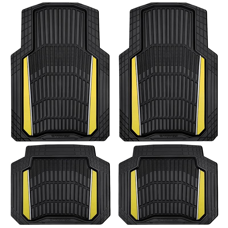 Tapetes Automotivos de Borracha CAR PASS com Filme de Alumínio, Impermeáveis e Ajustáveis, Preto e Amarelo, Kit com 4 peças