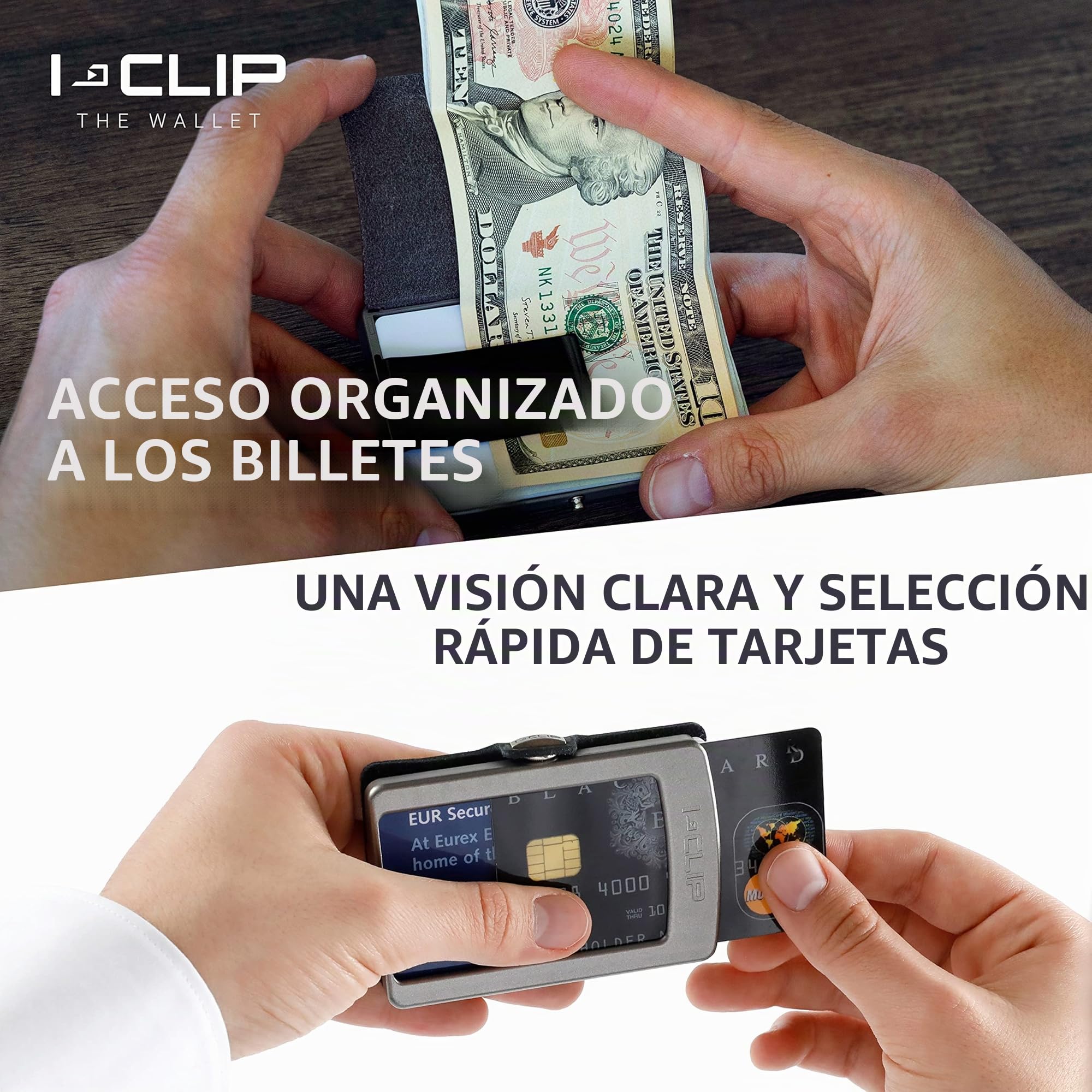 I-CLIP Original Mini - Cartera con Clip para Dinero - Diseño Delgado de Cuero Premium - Tarjetero - AdvantageR Plata Negro