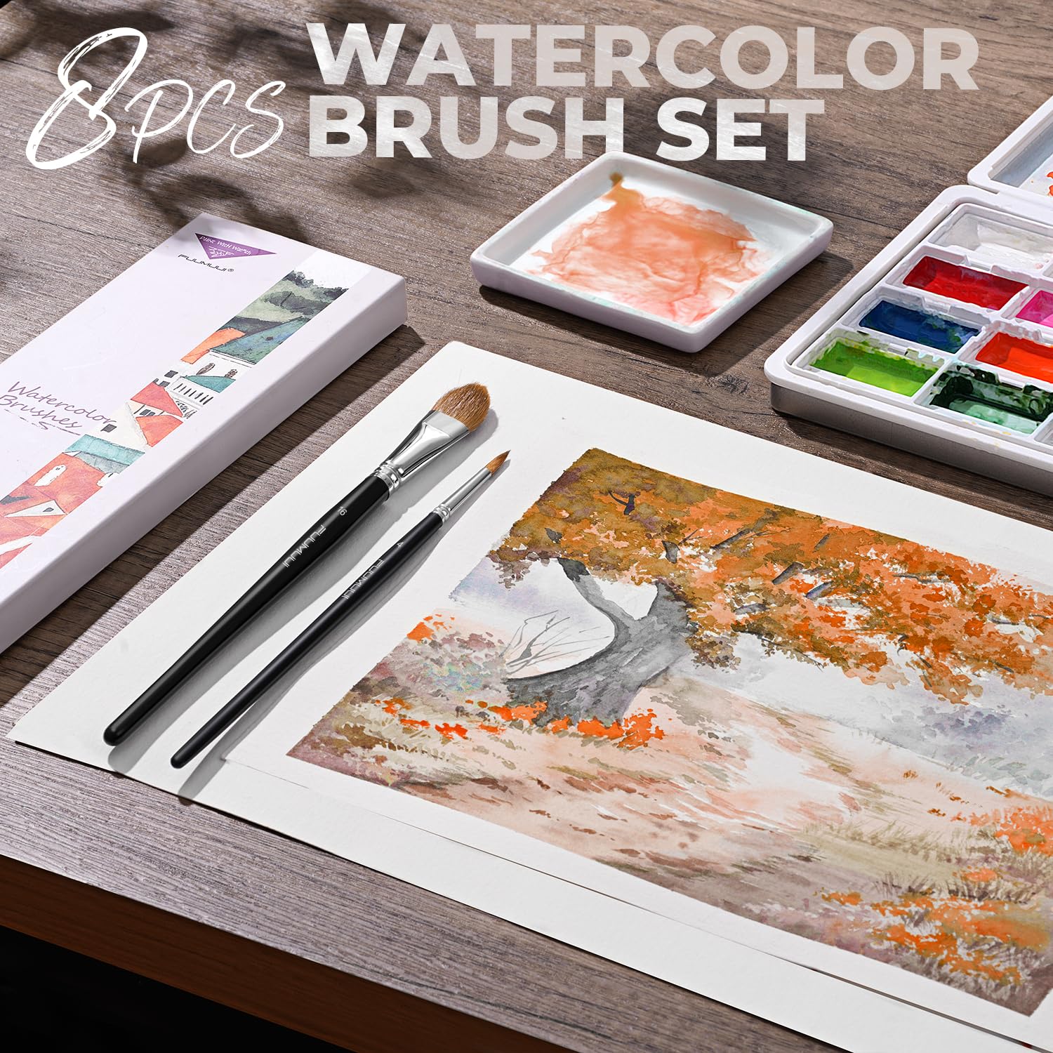 Watercolor Brush Set - 8Pcs Sable Brushes -6 Watercolor Brush Set - 8Pcs Sable Brushes -6