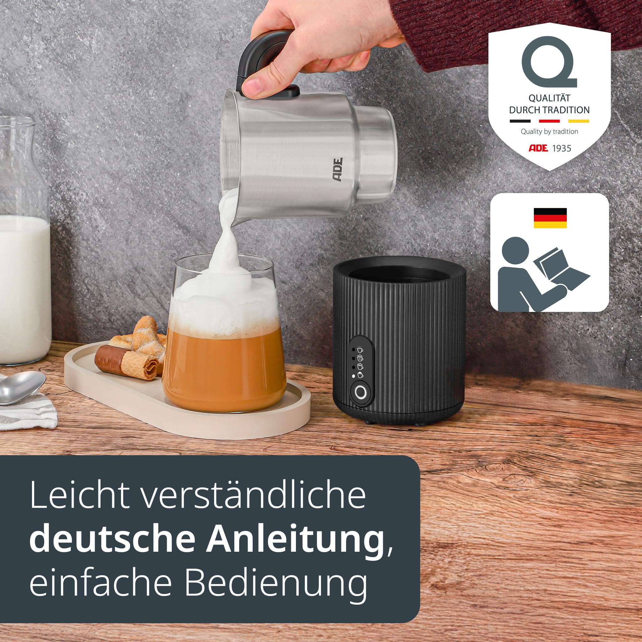 ADE Elektrischer Milchschäumer 4in1 | für heißen & kalten Milchschaum | Milchwärmer | für 1-2 Tassen | für Cappuccino, Latte Macchiato, Eiskaffee, Kakao | 300 ml | 500 W