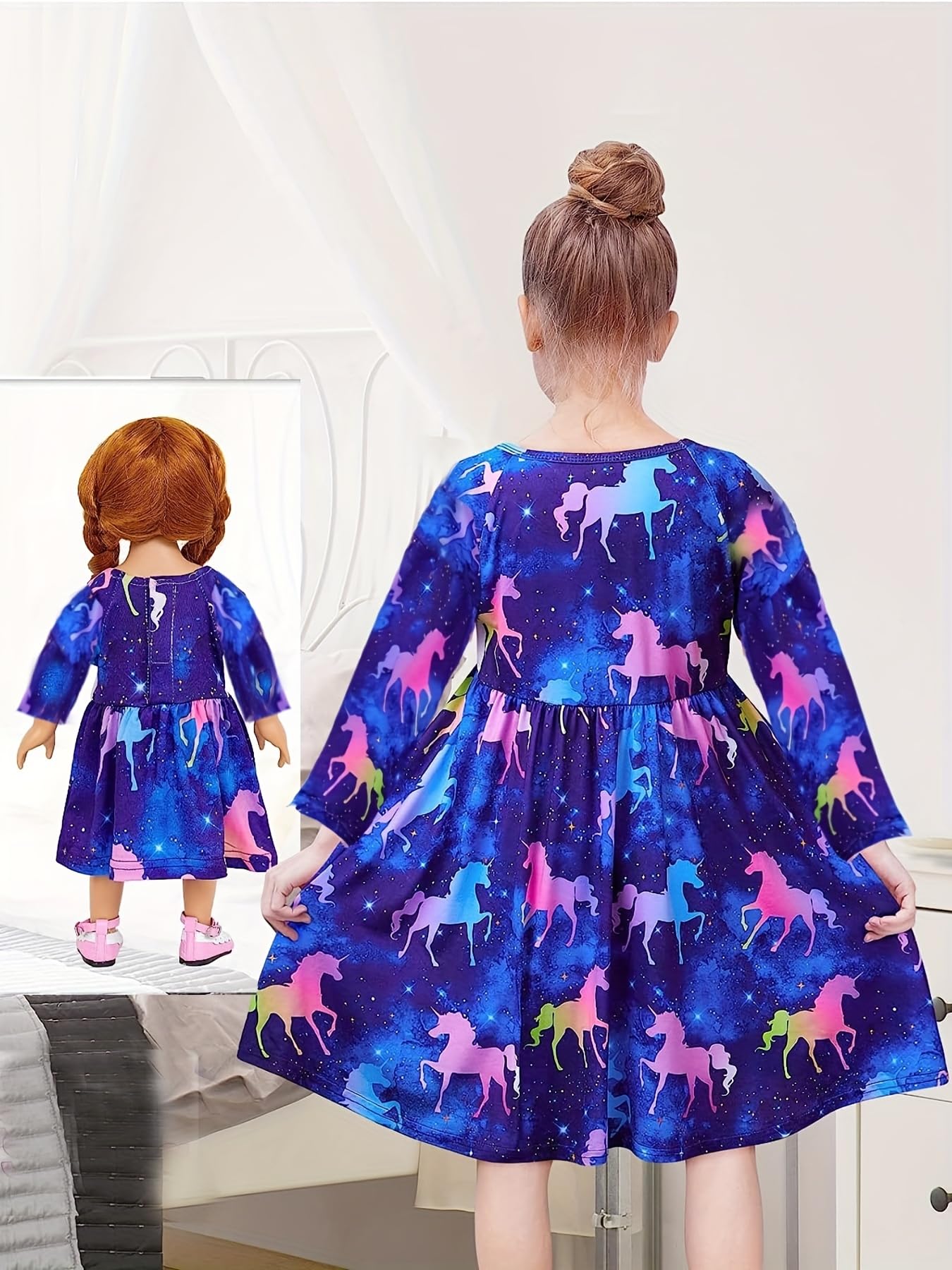 Bow Dream 2 Pack Girls Cute Cartoon Dresses for Girls Party Birthday Long Sleeve Kids Clothes Girl Blue Size 140