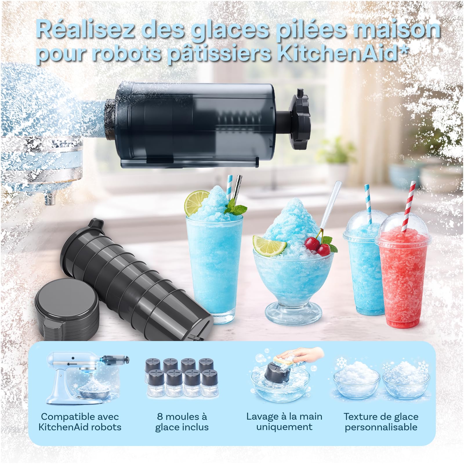 Accessoire pour Machine à Crème Glacée pour KitchenAid Batteur sur Socle – Pour les Modèles 4.5QT, 5QT & 6QT Tilt-Head et Bowl-Lift – Bol de 1,9L pour Crème Glacée, Sorbet, Gelato et Yaourt Glacé