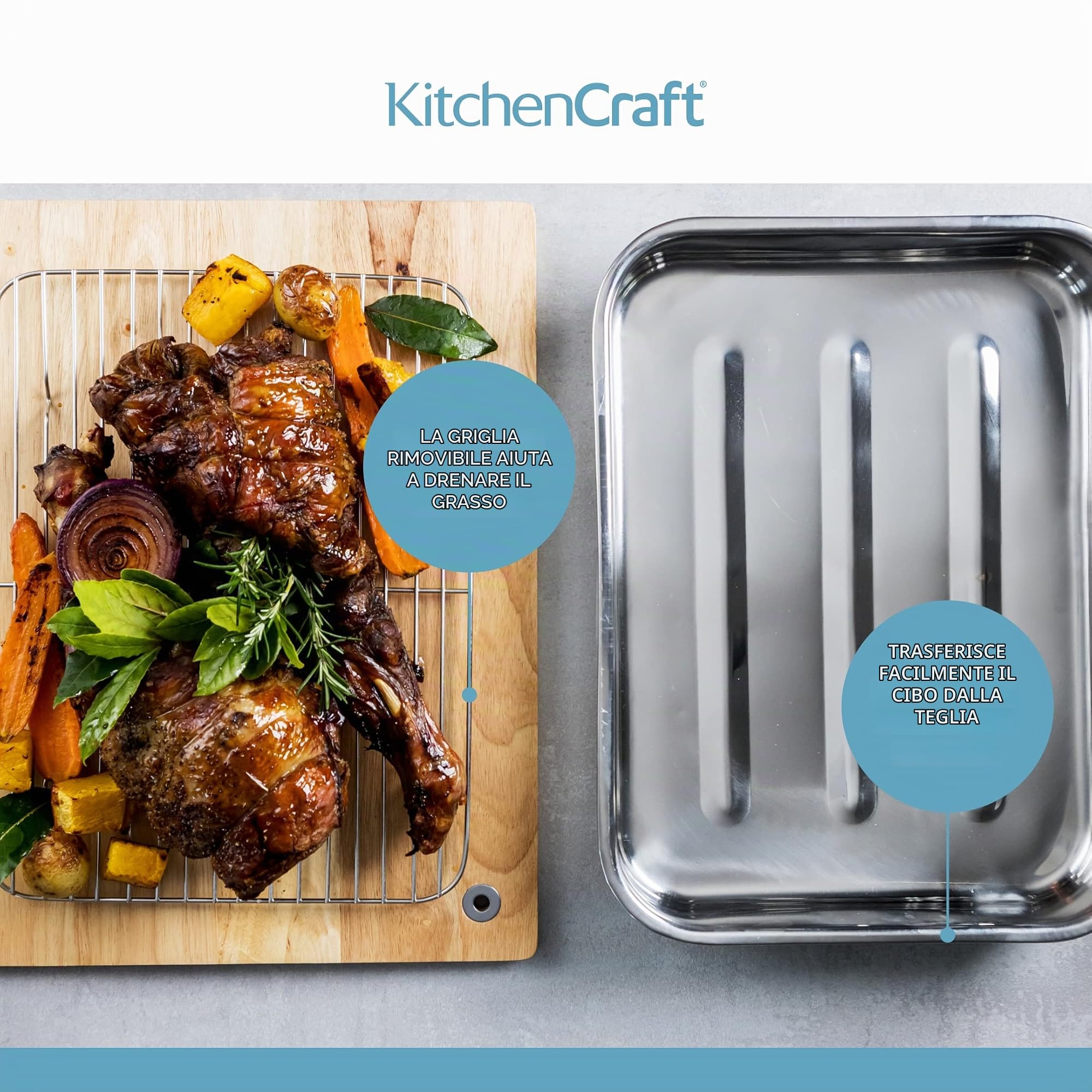 Kitchen Craft Padella per arrosto in acciaio INOX con griglia