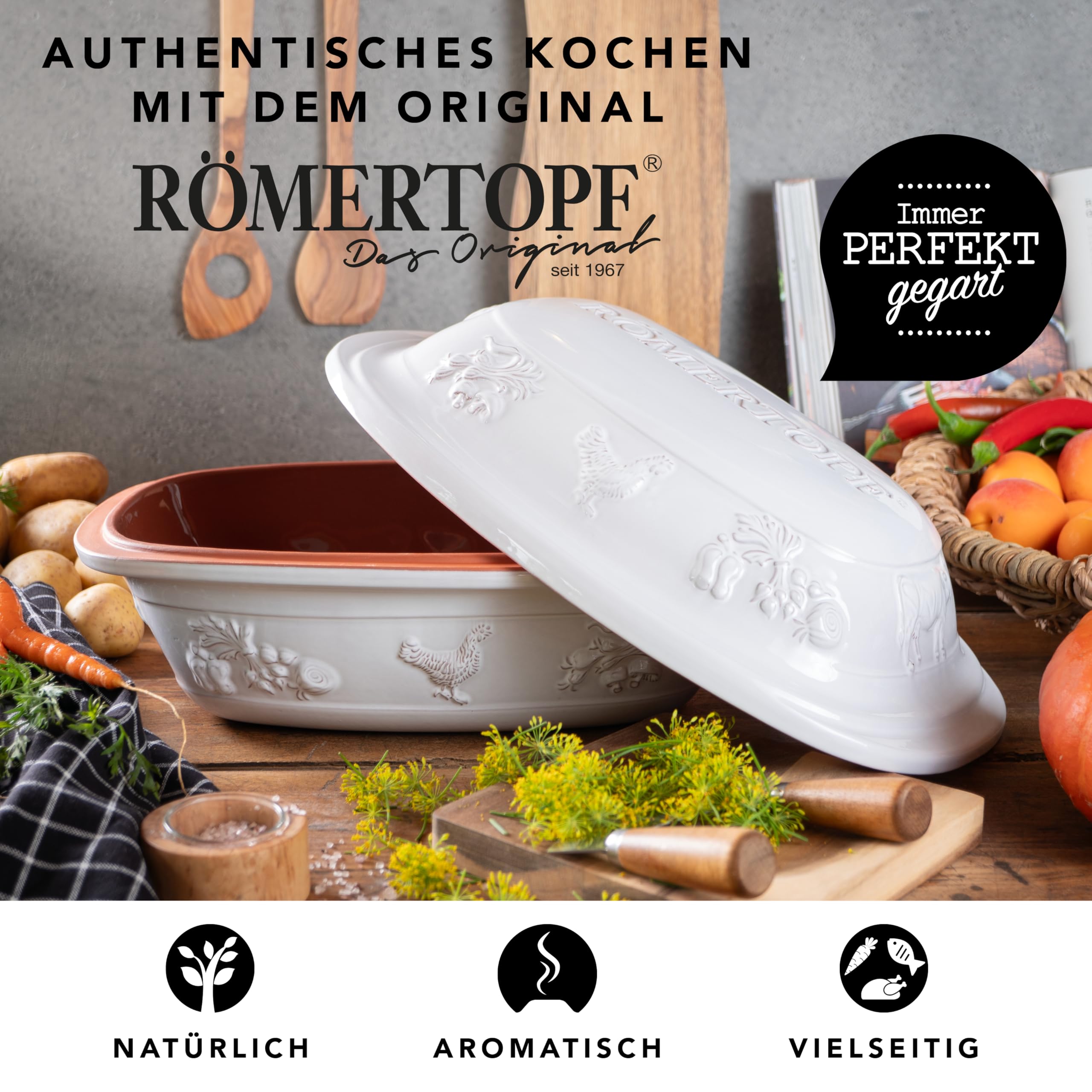 Römertopf RUSTICO – Cazuela de cerámica con tapa para 6 personas, 5 L, para guisar, asar y cocer al vapor, apta para horno y lavavajillas, blanco