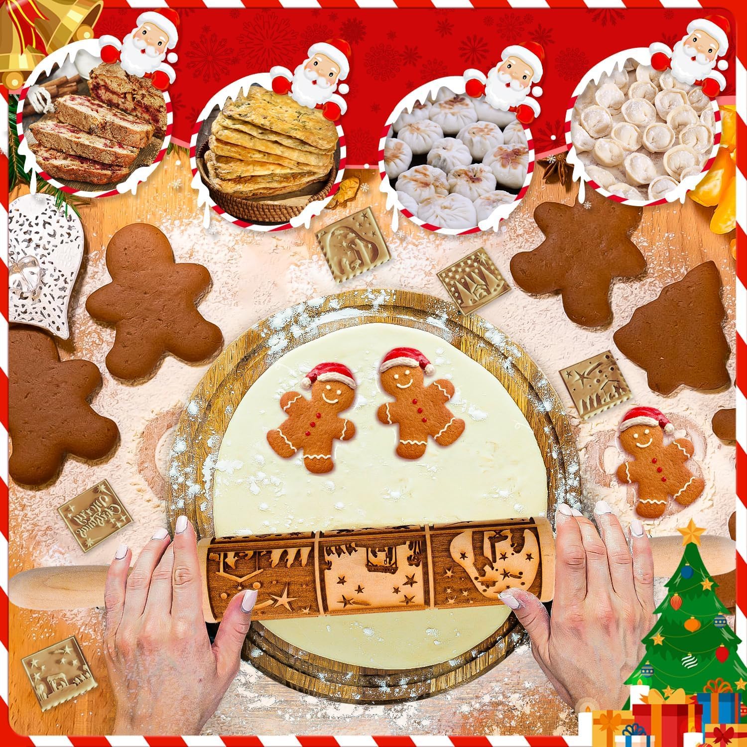 Rouleau à pâtisserie en bois 3D 35 cm motif fleurs de Noël