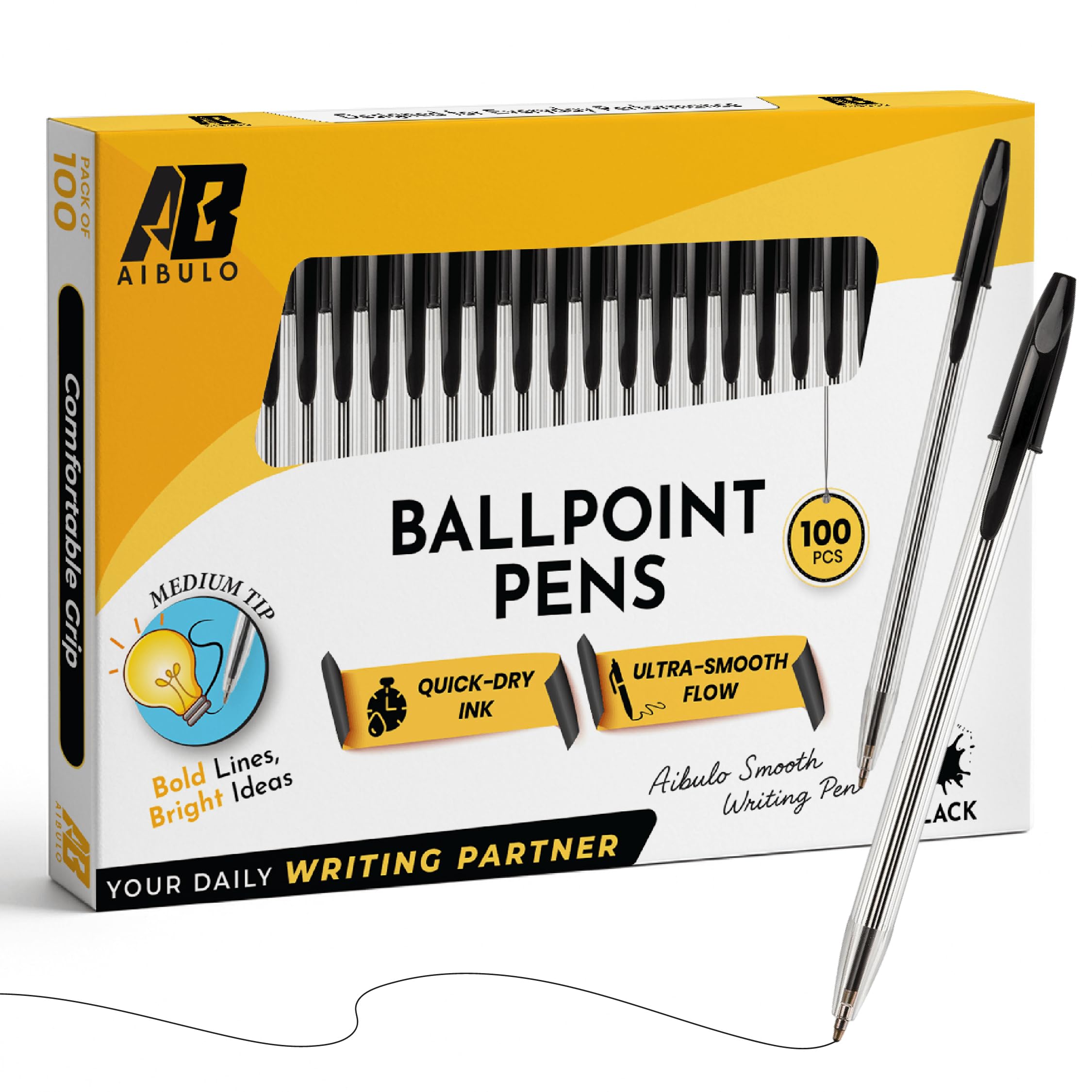 AIBULO Black Biro Ballpoint Pens – Pack of 100 – Smooth & Smudge-Free Writing, Comfortable Grip, Long-Lasting Ink, and Durable Design – Ideal for Bulk Use at School, Office, and Home