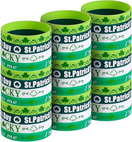 CCINEE Pulseras de goma para el día de San Patricio, paquete de pulseras recortadas de silicona con trébol verde para recuerdos de fiesta irlandesa