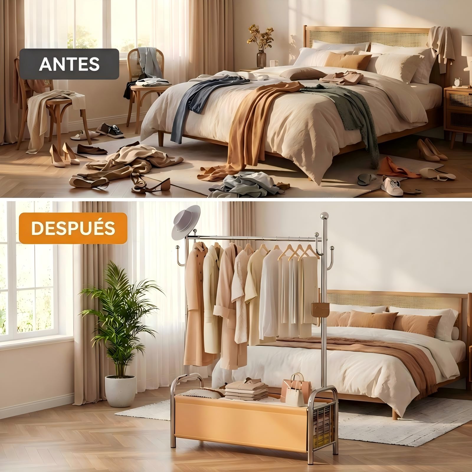 Burro Ropa Resistente de Acero Inoxidable con Cesta de Almacenaje, Perchero Burro Estable, Perchero de Pie, Barra para Ropa Robusta, 3 en 1 Tendedero y Organizador