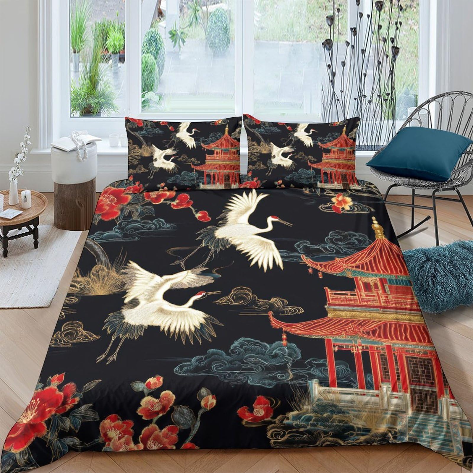 Ctjqhvkz Style-8 3D Printed Japanese Crane Fitted Sheet Microfiber Soft Black Red Pagoda Mattress Cover Bedroom Decor Single（135X200cm）