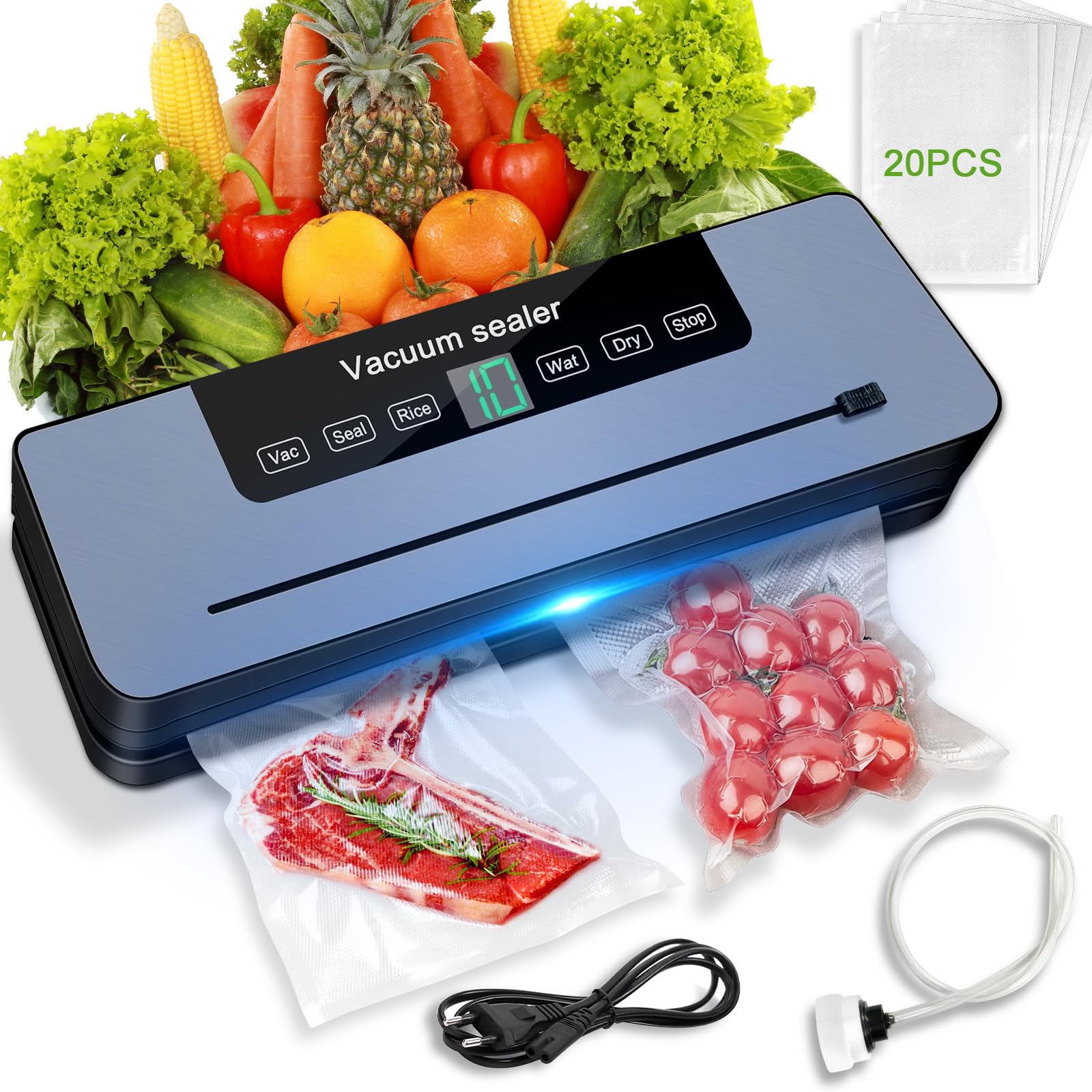 7 in 1 Maquina vacio alimentos, Automático seco que mojado envasadora al vacio, Embasadoras vacio alimentos domestica con Cuchillo de corte, Vacuum Sealer con Tubo de Vacío con 20 bolsas envasar