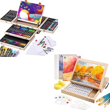 Wooden Art Set Crafts Kit with Drawing Easel & 49 Pieces Watercolor Painting Kit with Wooden Tabletop Easel