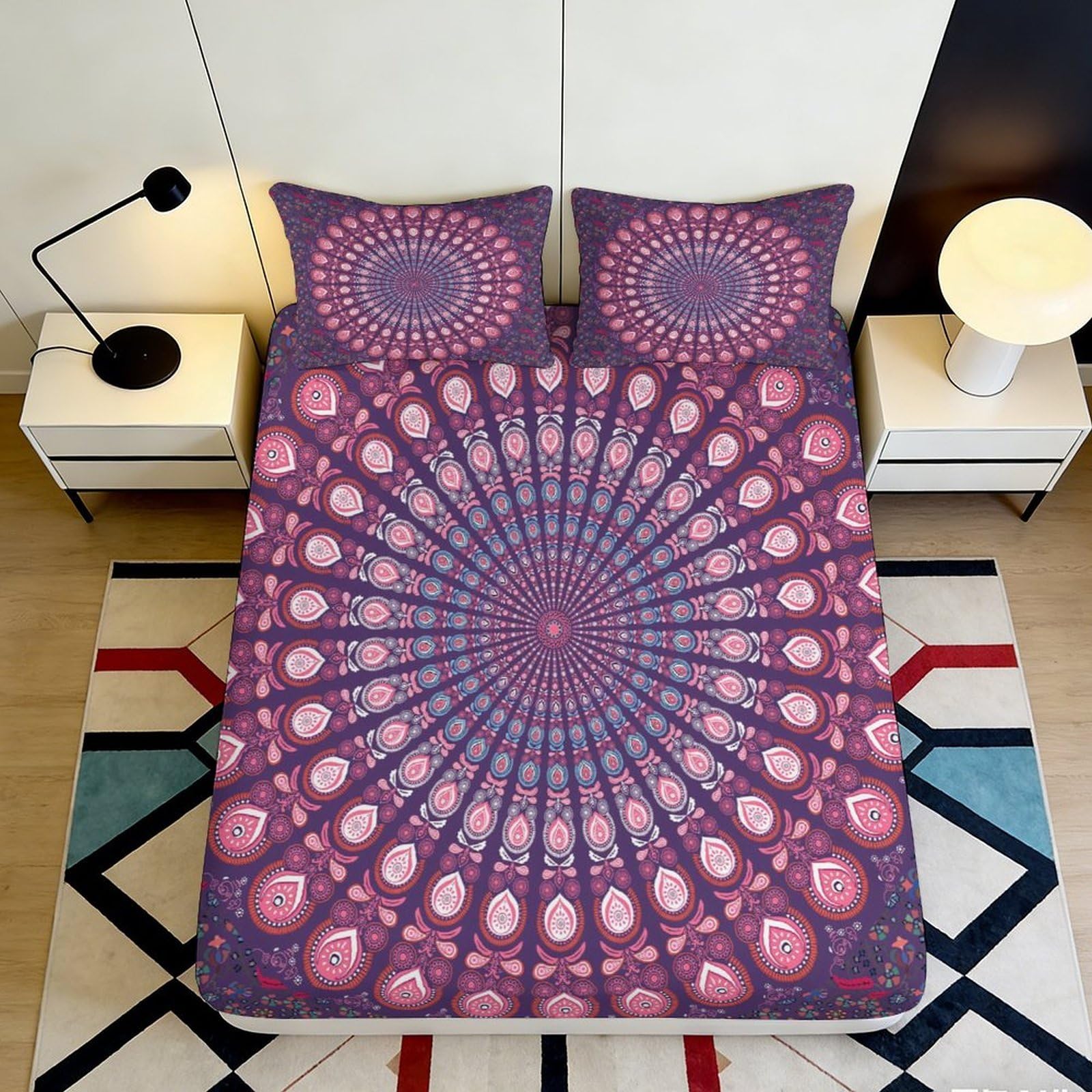 3D Printed Mandala Violet Fitted Sheet Microfiber Soft Breathable Paisley Pattern Mattress Cover for Bedroom Decor 90x200x25cm