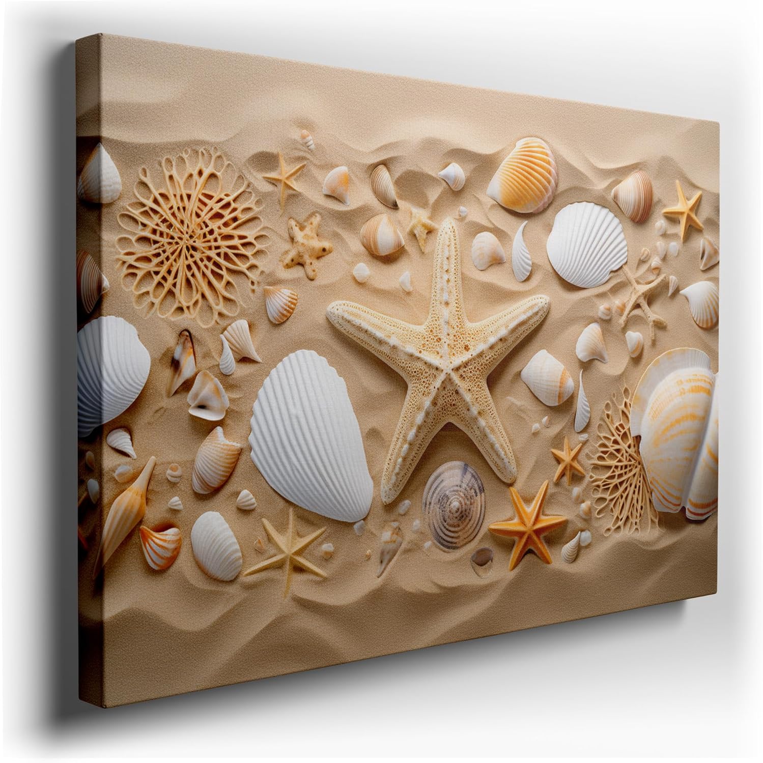Canvas for Living room. Shells and Starfish Scatter Serenity on Sandy Shores, 27 x 18 inch Canvas Wall Art - Great White Shark - Nature Home Decor