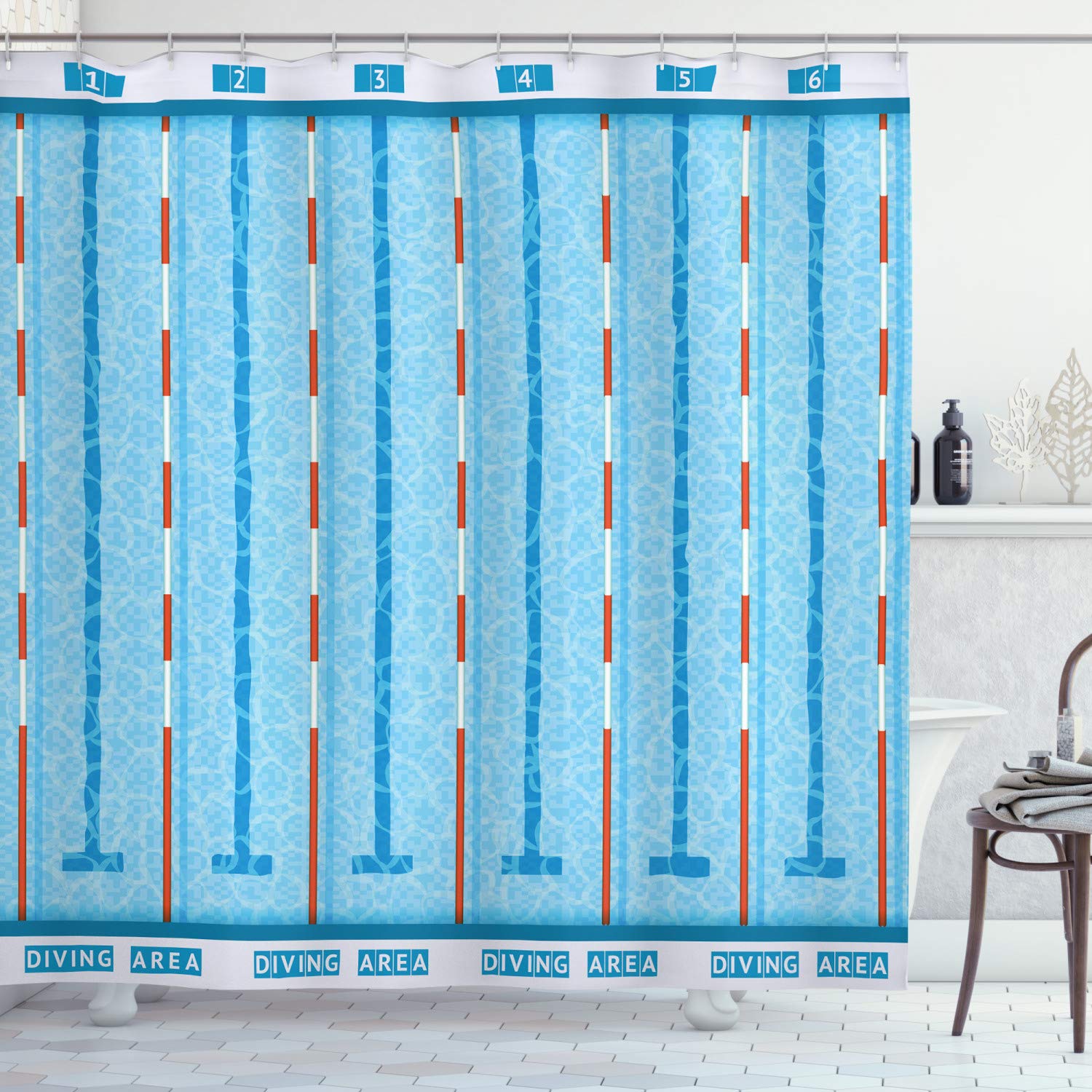 Ambesonne Blue Shower Curtain, Inspired by The Sports and Competition Theme Swimming Pool with The Lanes Aquatic Style Image, Cloth Fabric Bathroom Set with Hooks, 69