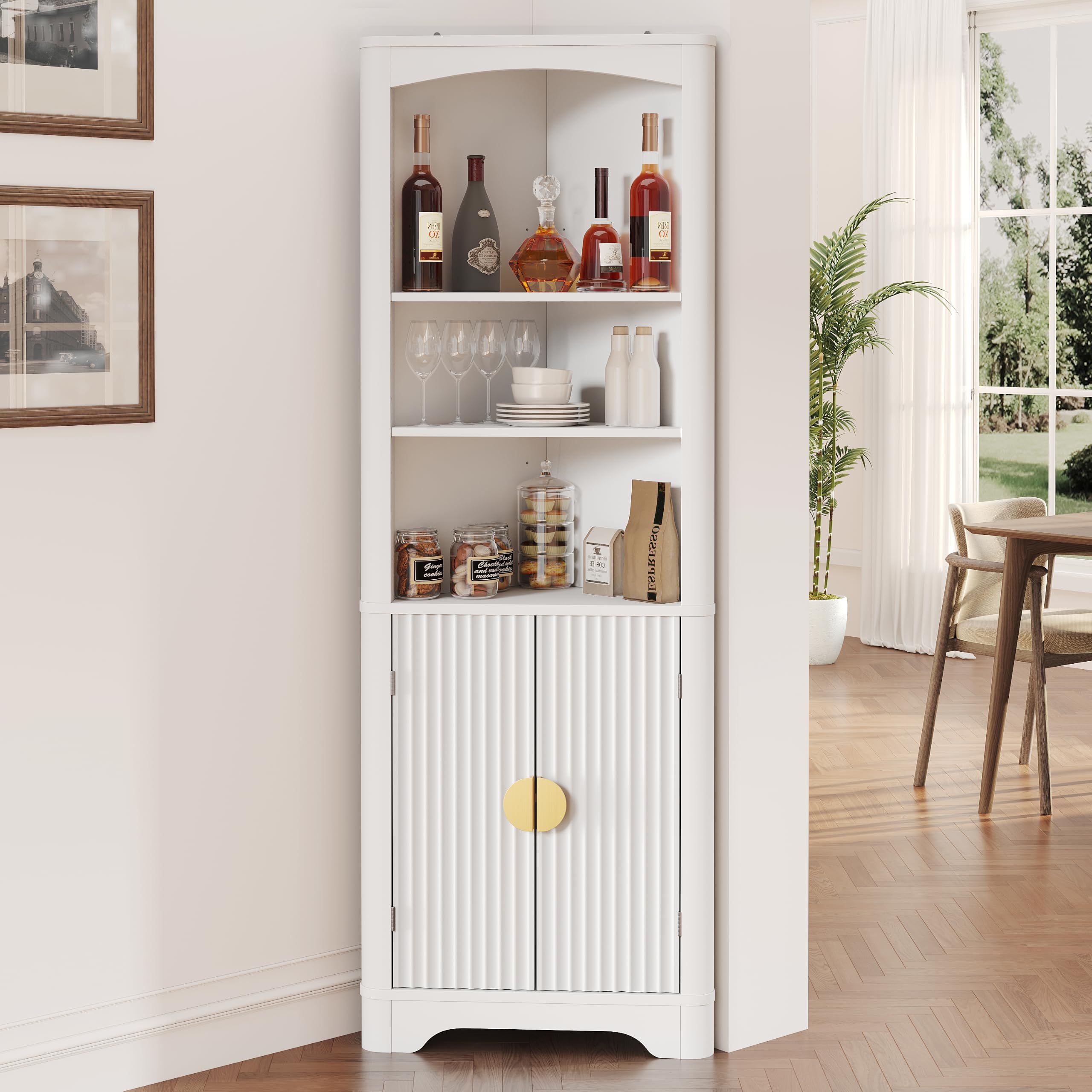 oneinmil Tall Corner Cabinet, Mid-Century Modern Fluted Storage Cabinet, Corner Shelf with Doors, for Kitchen, Bathroom, Living Room, White