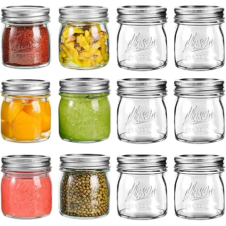 12Pack Mason Jars 8oz with Airtight Lids and Bands - Regular Mouth Glass Canning Jars, Small Half Pint Mason Jars for Preserving, Pickling, Honey, Jam, Jelly, Kitchen Spice jars, DIY Gift