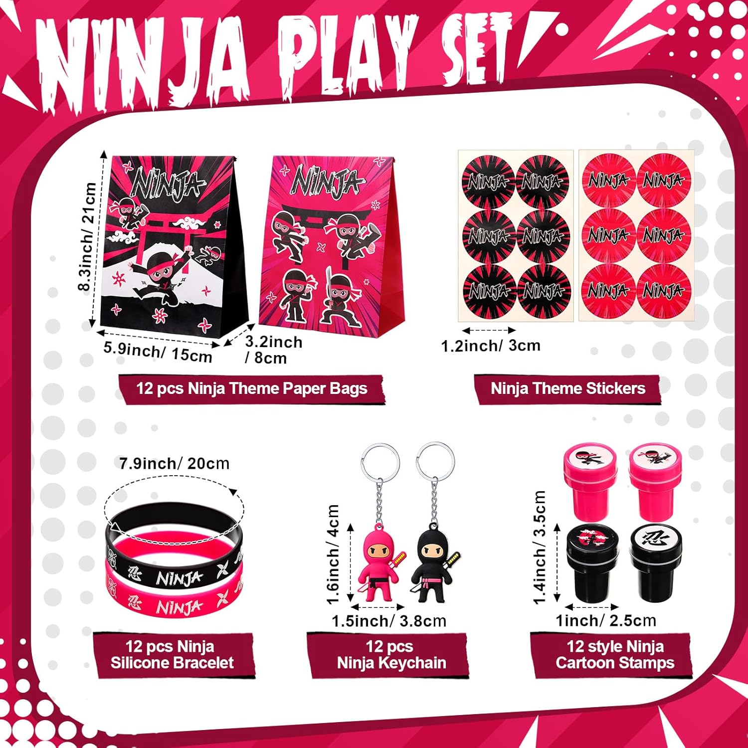 108 Pcs Pink Ninja Party Favors Include Notepads Key Chains Sticker Stamps Bracelets Ninja Paper Bags Headbands Color Pens Pencils Erasers for Warrior Birthday Party