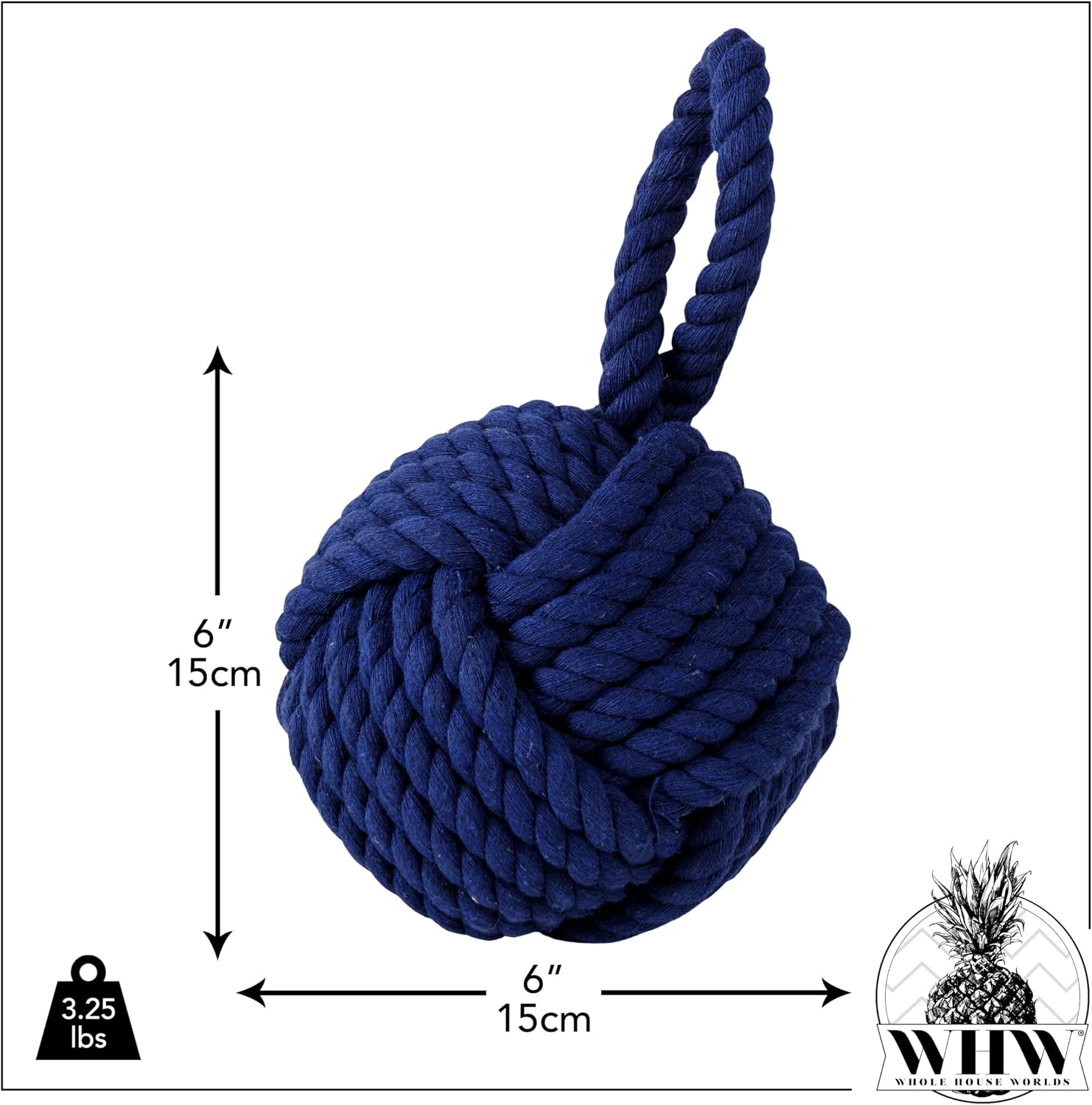 Nautical Rope Knot Door Stop, Royal Blue, Cotton, Handmade, 6 Inches, Weighted, Handle, 6 Inches