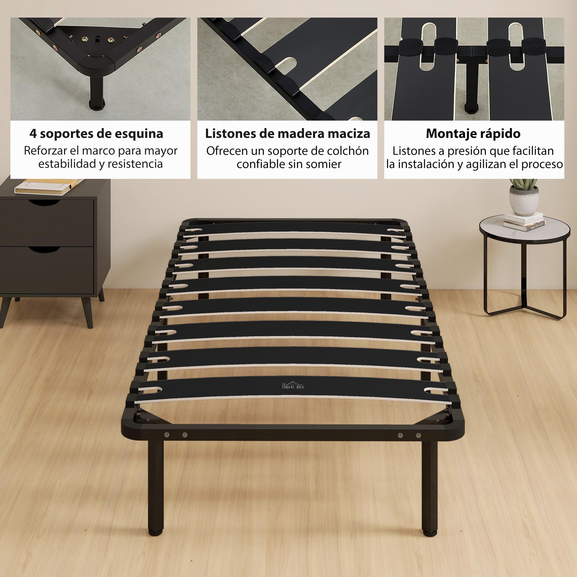 HOMCOM Somier 90x190 cm, Altura 26 cm, Estructura de Cama de Plataforma de Acero con Espacio de Almacenamiento Debajo y Láminas de Álamo, Fácil de Montar, Carga 300 kg, Negro