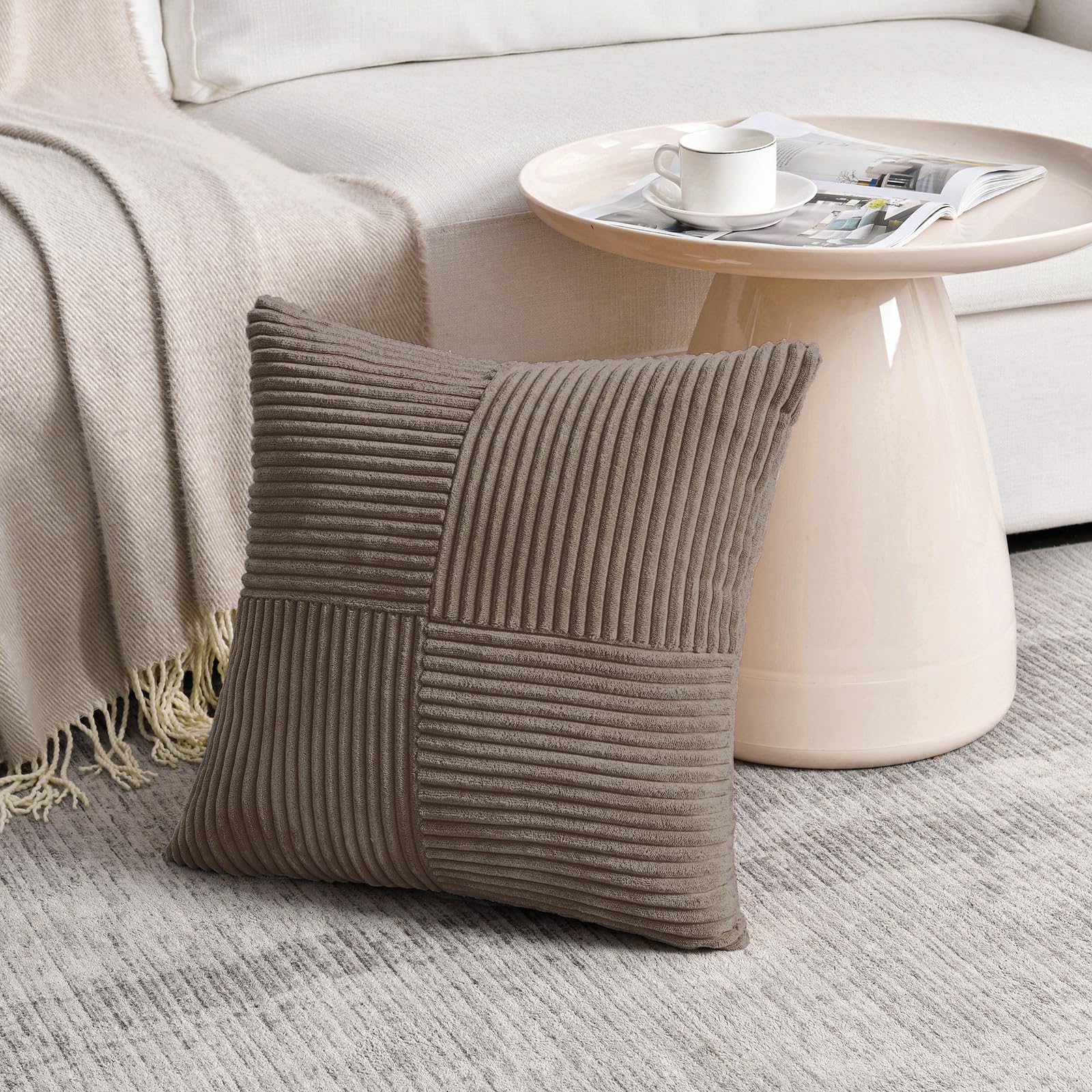 FDTERN Light Brown 35 x 35 cm Corduroy Sofa Cushion Covers Modern Soft Cross Pattern Decorative Cushion Covers with Invisible Zipper for Sofa Bedroom