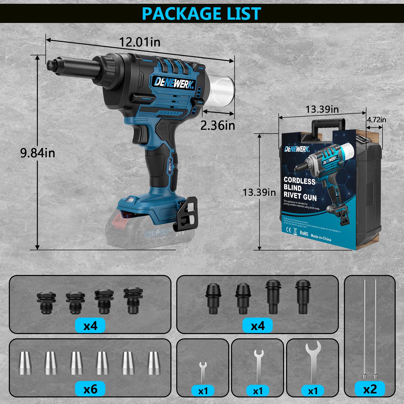 Pistola Remachadora Inalámbrica Compatible con Makita 18V, Pistola de Remache eléctrica automática para remaches ciegos de acero de 2,4-4,8 mm y remaches ciegos de aluminio de 2,4-6 mm, 25 mm carrera