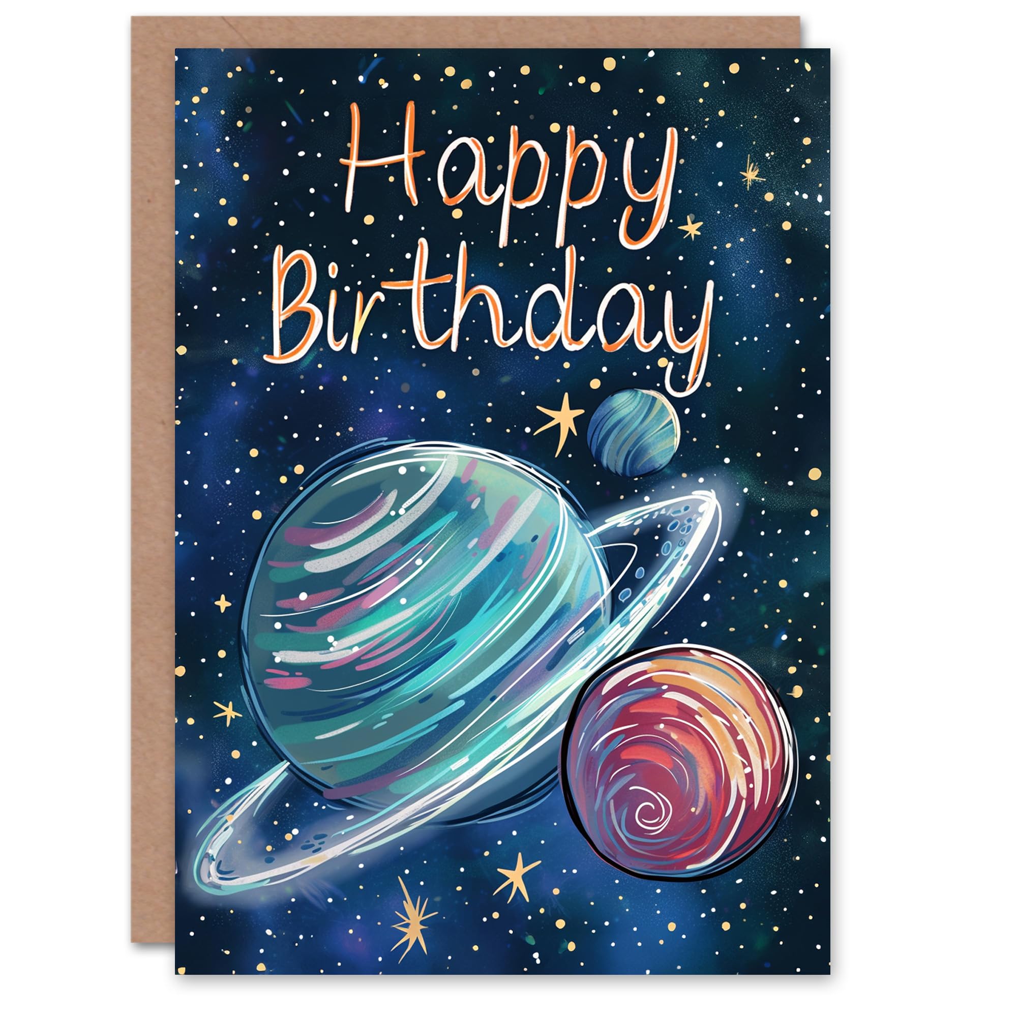 Artery8 Birthday Card Saturn Space Planets Painting Simple For Child Kids Greeting Card