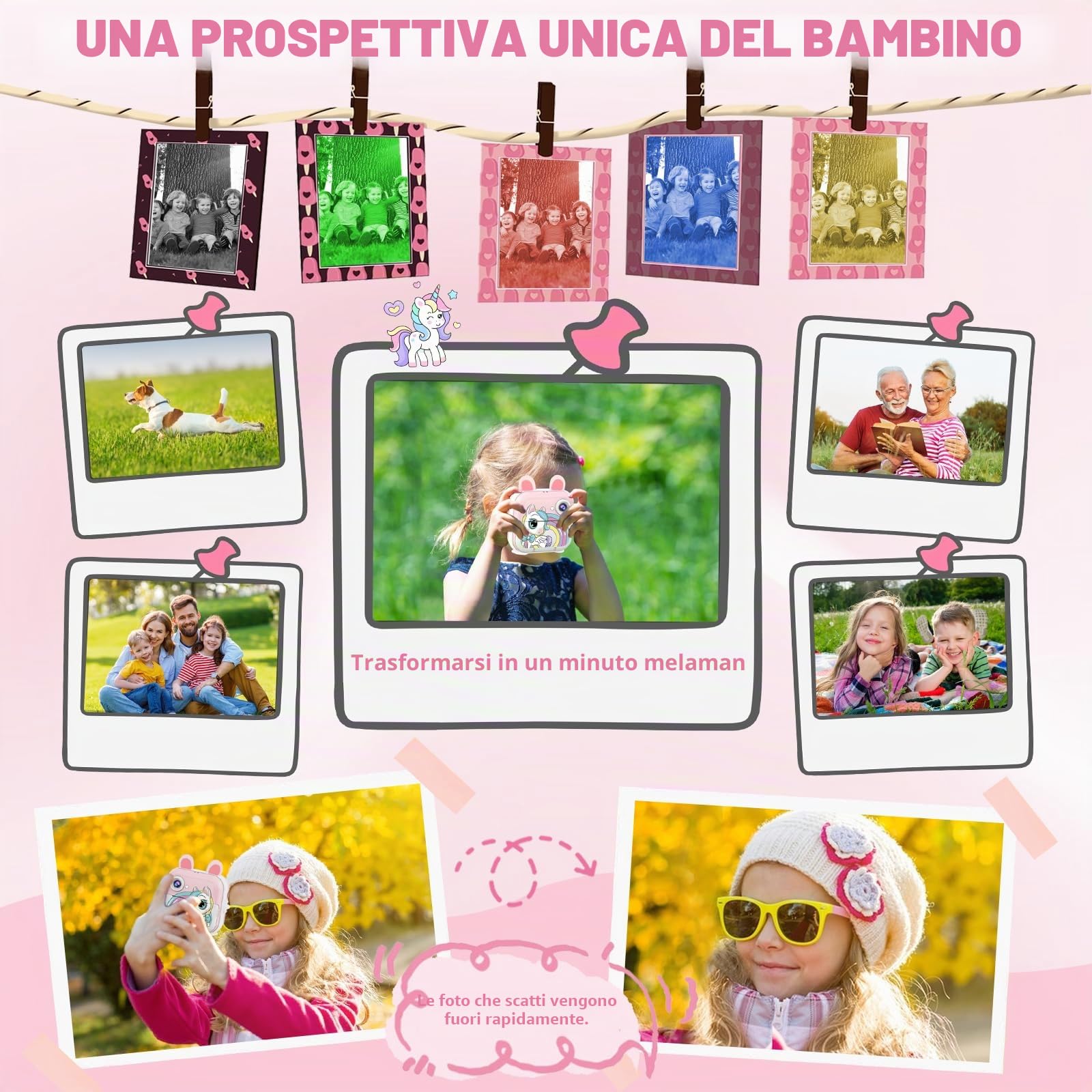 CATGIFF Macchina Fotografica Bambini Istantanea, 2.4 Pollici 1080P HD Fotocamera Digitale Bambini con Matita Colorata Carta da Stampa e 32GB Scheda, Rosa