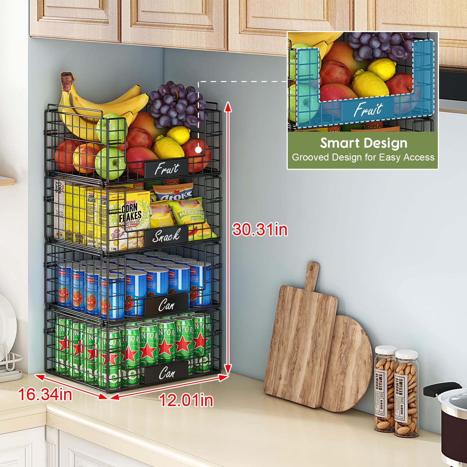 JKsmart Paquete de 4 cestas de alambre apilables XXL con asas para almacenamiento y organización de despensa, cesta de frutas y verduras con placas de nombre, contenedores de almacenamiento de metal