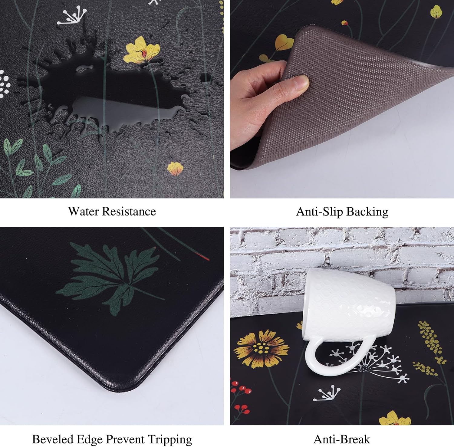 Rempry Colorful Floral Kitchen Mat for Floor, Non Slip Kitchen Rugs and Mat Set of 2, Waterproof Cushioned Anti Fatigue Kitchen Mat, 17"x47"+17"x29", Black