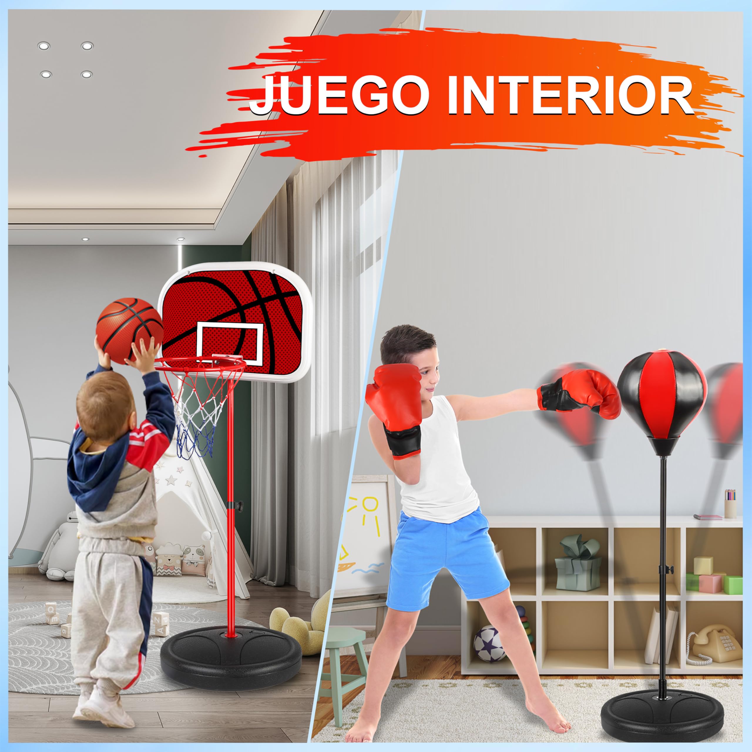 Aragallant Canasta Baloncesto Infantil, Saco de Boxeo de Pie, Altura Regulable, 2 en 1 Juguetes de Baloncesto Boxeo mit 2 Baloncesto y Guantes de Boxeo, Regalos para Niños y Niñas de 4 a 12 Años