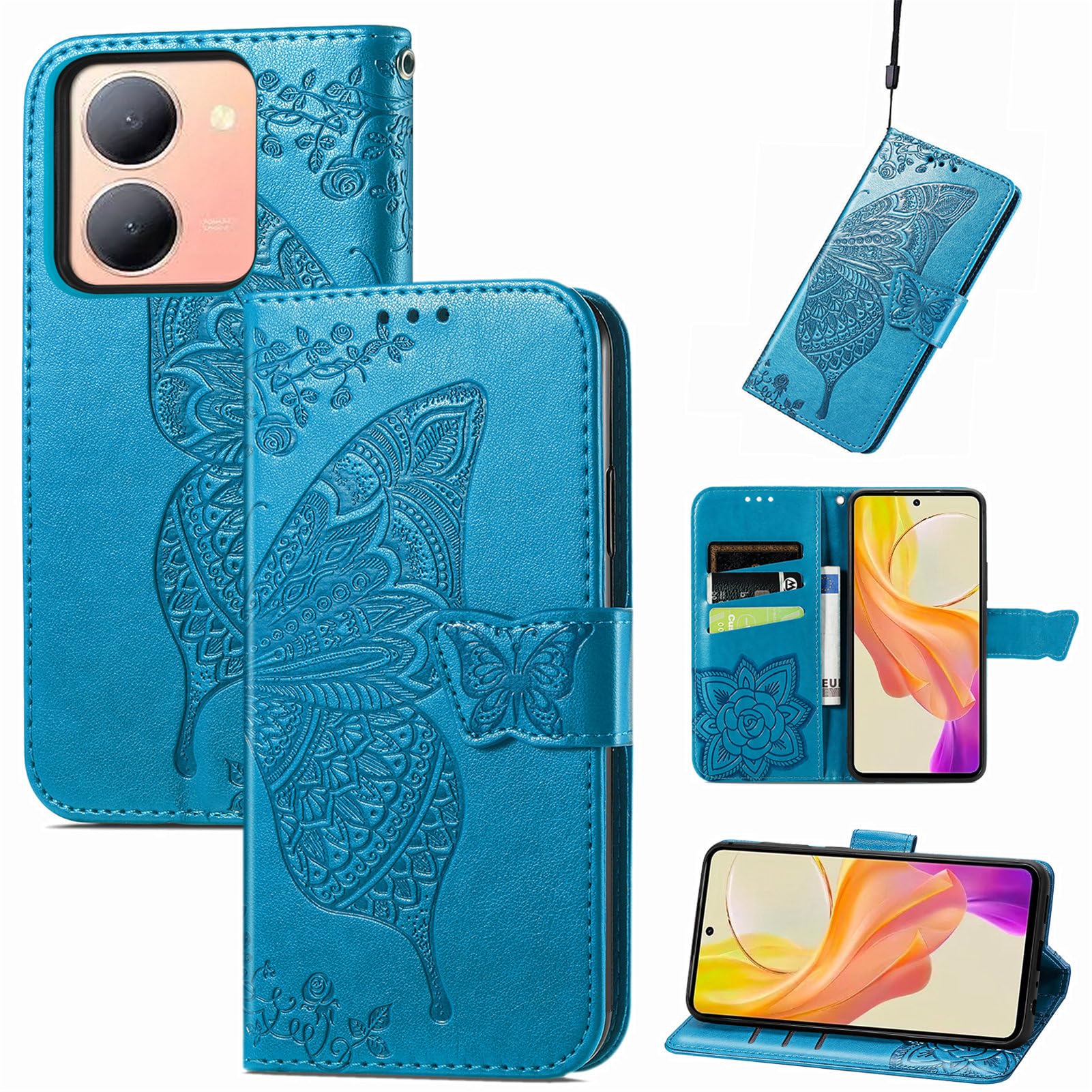 HAOYE Funda Para Xiaomi Poco X7 Pro 5G, Suave TPU/PU Cuero Flip Carcasa Case Cover, Magnética En Relieve De La Mariposa, Billetera Con Soporte/Tapa Tarjetas. Azul