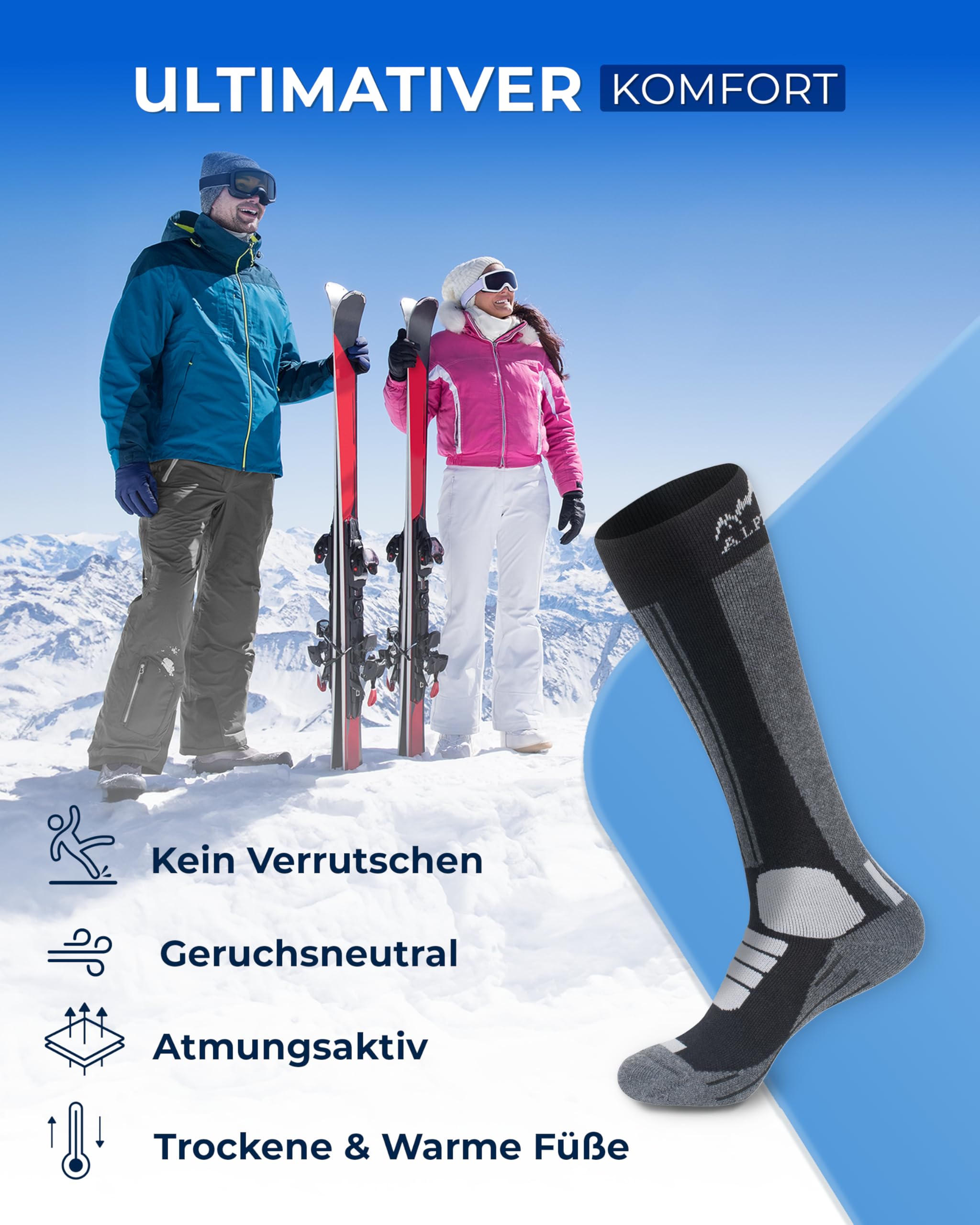 Alpenwert MERINO Calze da sci [2 PAAR] per uomo, donna e bambino, 35-38, 39-42, 43-46 calde, calze da sci invernali