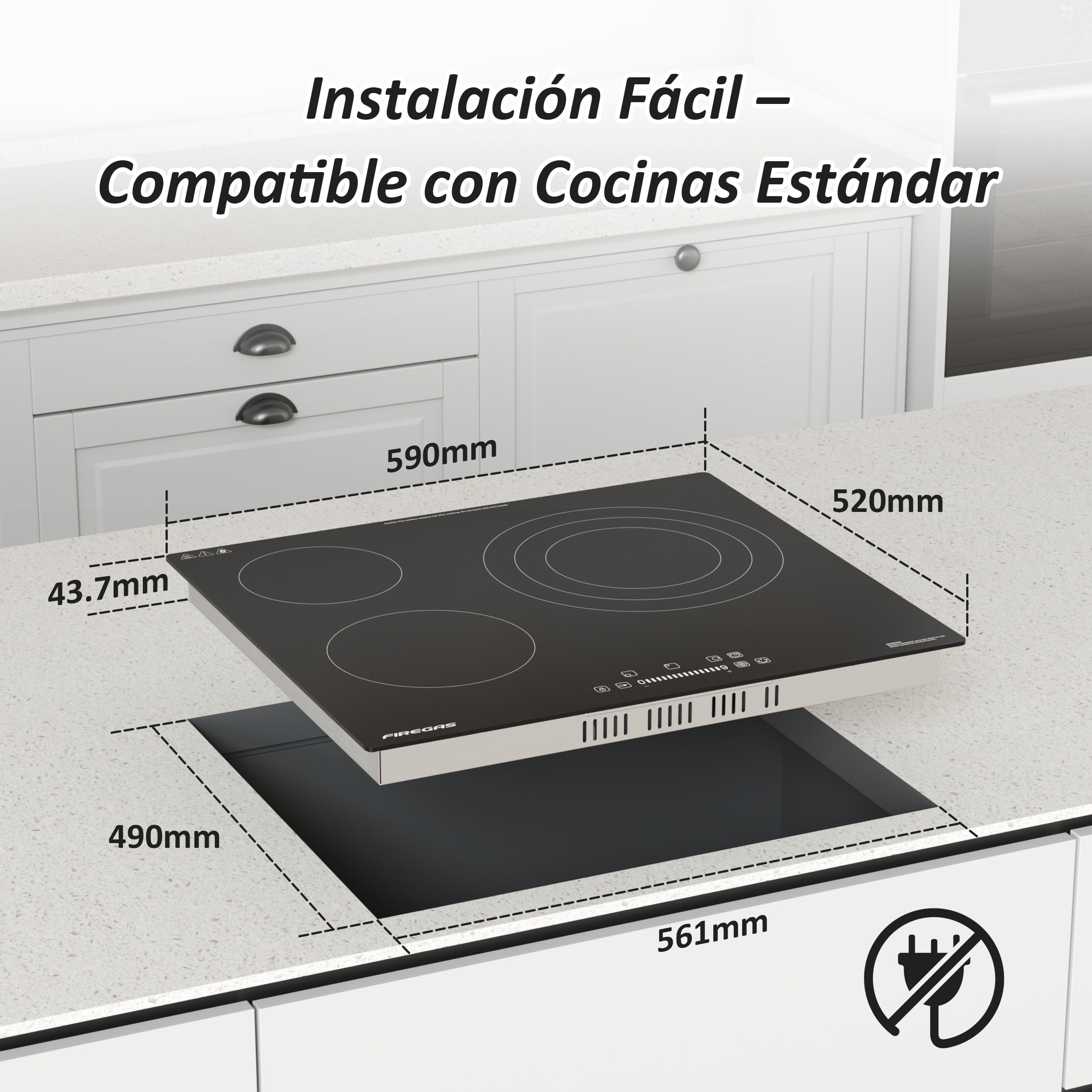 FIREGAS Placa Vitrocerámica Encastrable de 60 cm, 3 Fuegos, 5900 W, Control Táctil, 9 Niveles de Potencia, Temporizador y Bloqueo Infantil