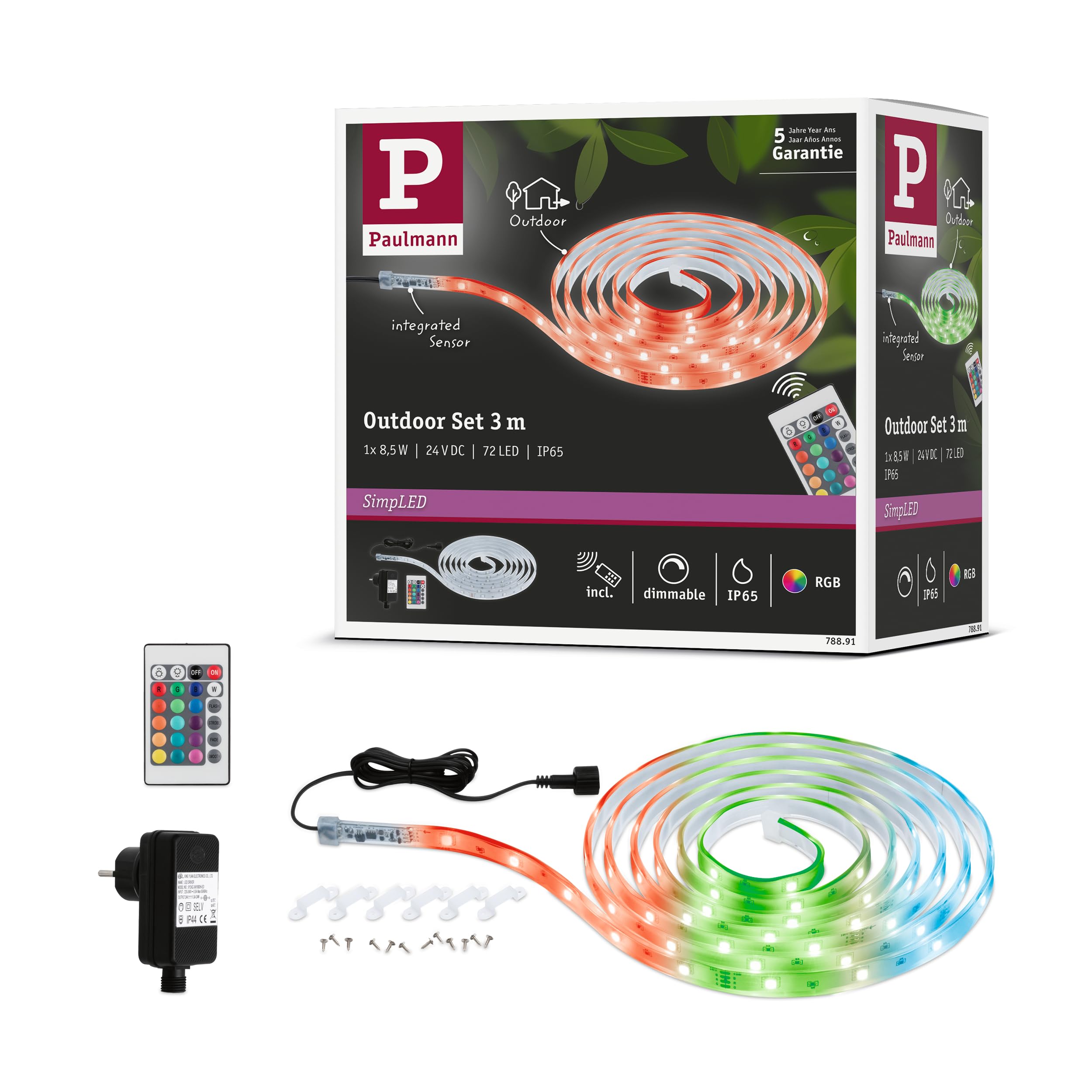 Paulmann 78891 LED Stripe SimpLED Outdoor 3 m IP44 24 LEDs/m RGB incl. 1 x 8.5 Watt Dimmable Light Strip Transparent Plastic