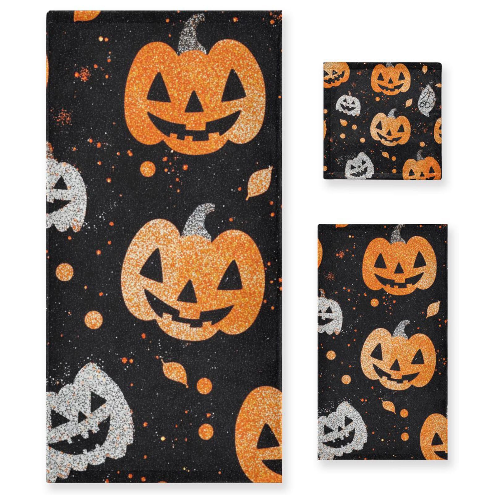 Halloween błyszczące dynie czyszczenie ręczników do twarzy zestaw 3 sztuk, 1 ręcznik kąpielowy 1 ręcznik do rąk 1 myjka do domu kuchni rodziny
