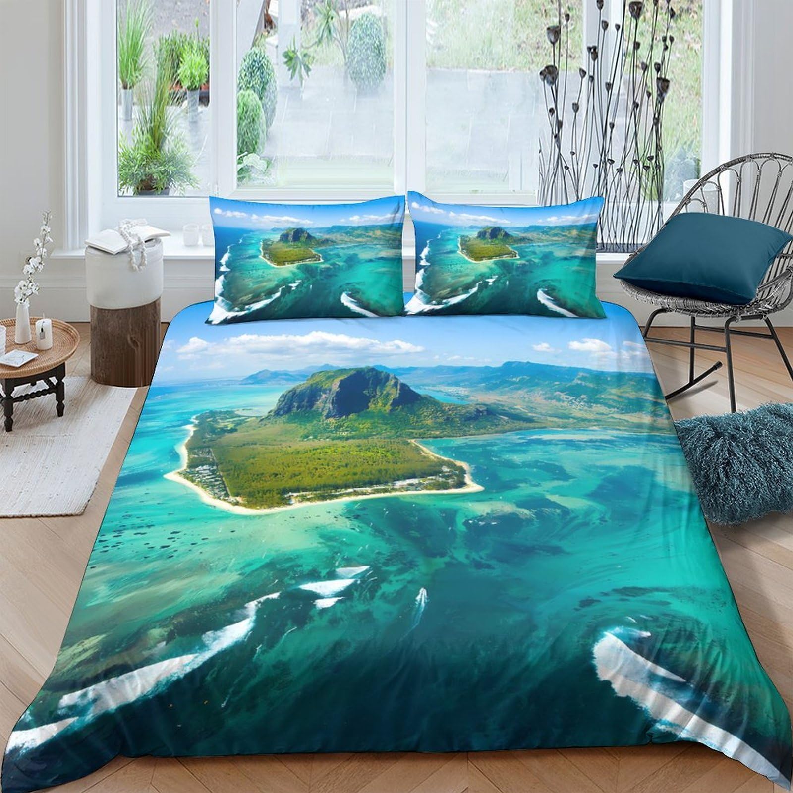 Ctjqhvkz Style-7 3D Printed Ocean Island Fitted Sheet Microfiber Soft Breathable Seaside Landscape Bed Cover For Bedroom Home Décor Single（135X200cm）