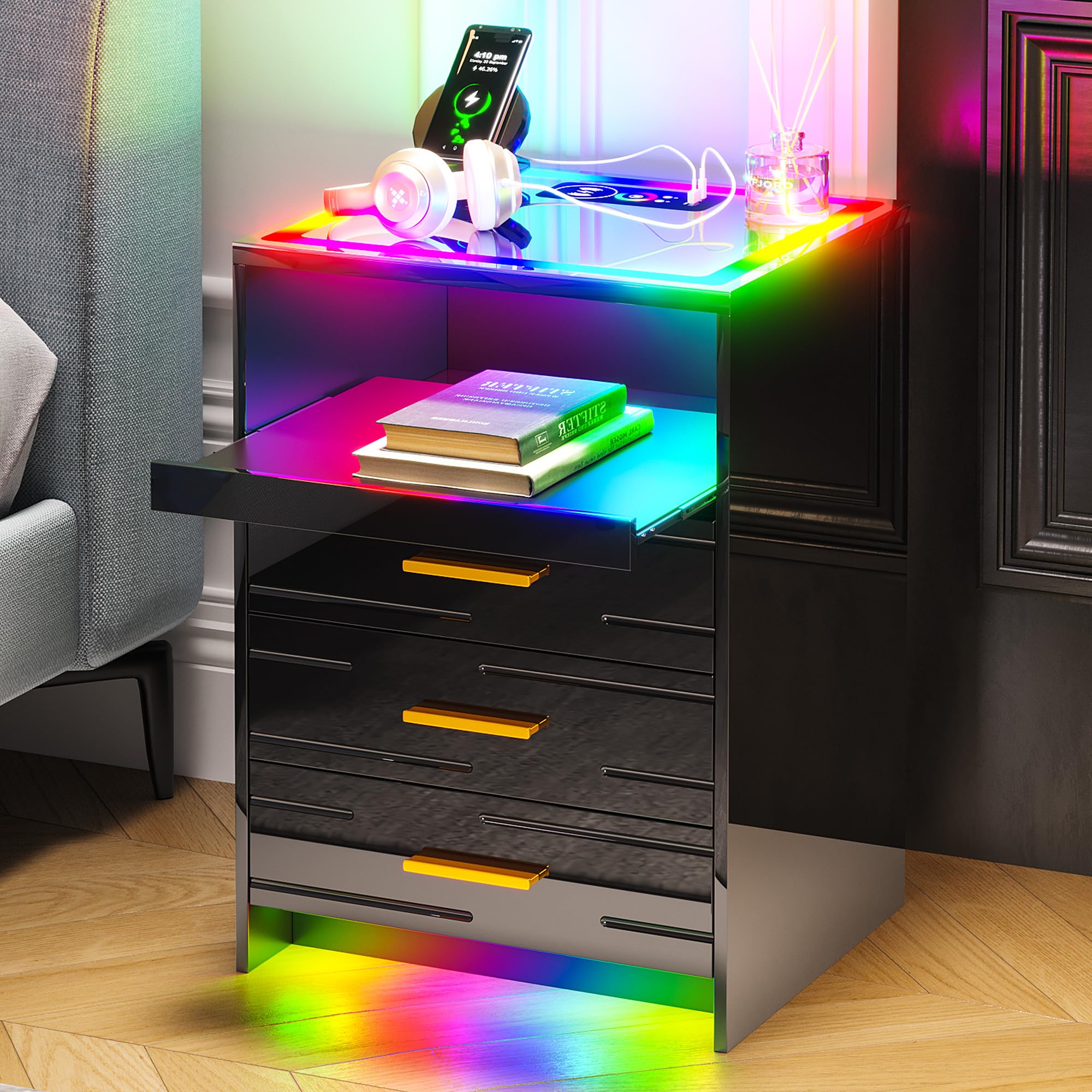 HNEBC High Gloss Nightstand with Wireless Charging Station, Smart Night Stand with RGB Dynamic Lighting, Modern Bed Side Table with Drawers Sliding Tray, Glass Tabletop, Motion Sensor Lights(Black)