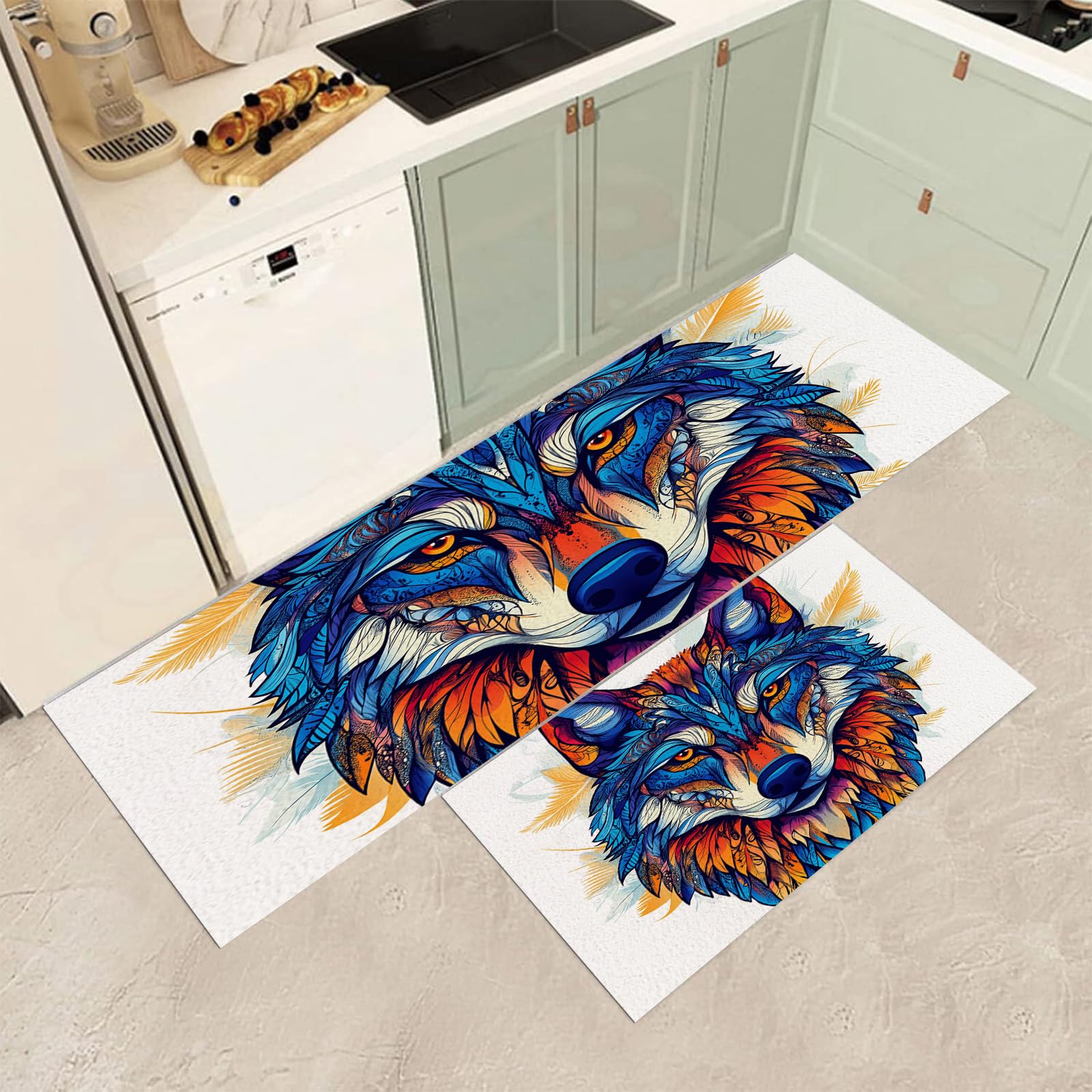 Tapis de cuisine lot de 2 design loup abstrait 50x80 et 50x150cm