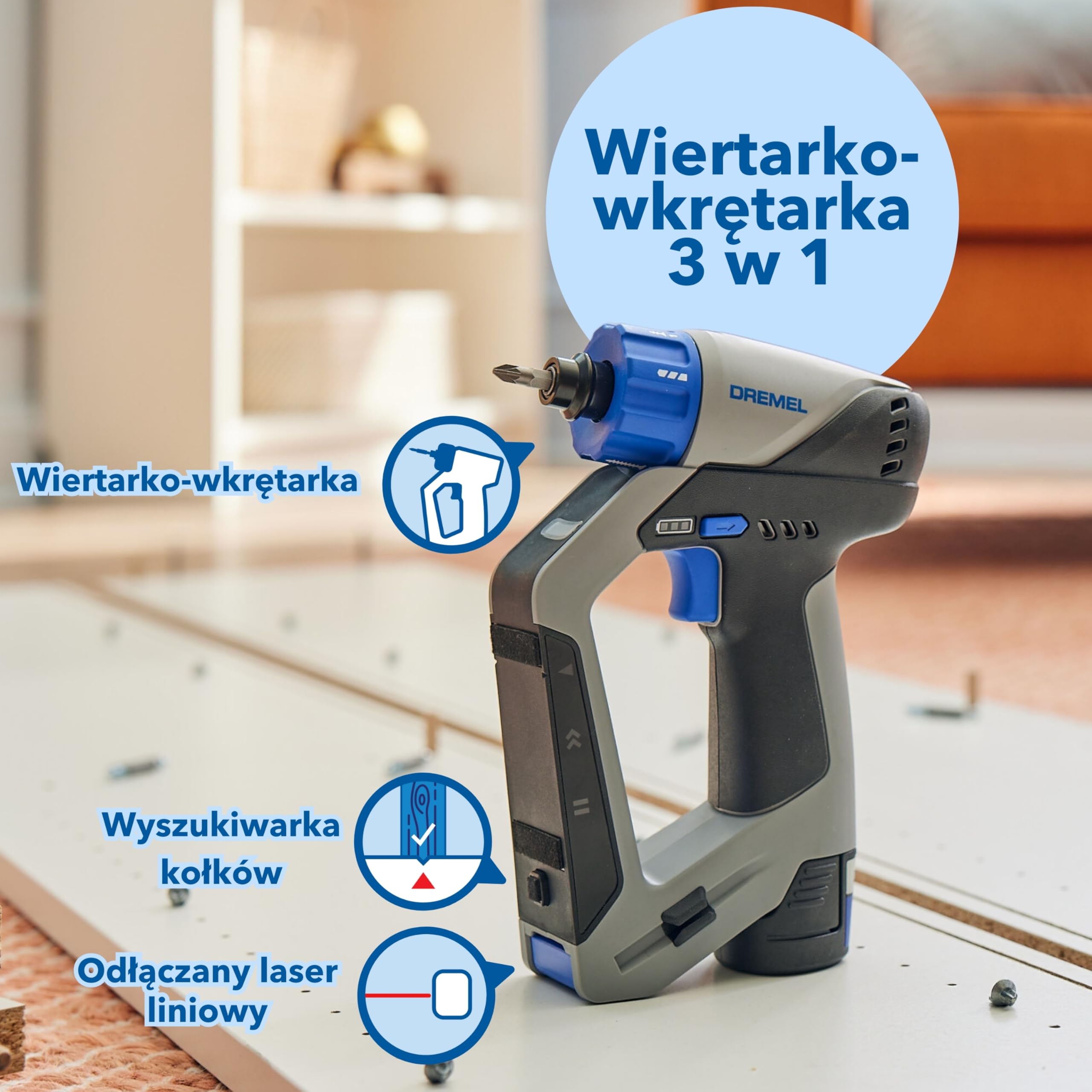 Dremel Blueprint 12 V, bezszczotkowa wiertarko-wkrętarka 3 w 1, akumulator 2,0 Ah, 9x zestaw bitów, 1x wiertło wielomateriałowe, poziomica, szybka ładowarka