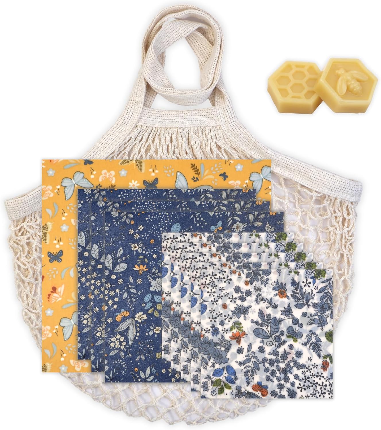 Reusable Beeswax Wrap, 9 Pack Wraps for Food, Eco-Friendly Beeswax Food Wraps with Mesh Grocery Bag & 2 Beeswax Bars, Bread & Sandwich Wrap, Reusable Food Storage Wrap Set- Sustainable Gifts