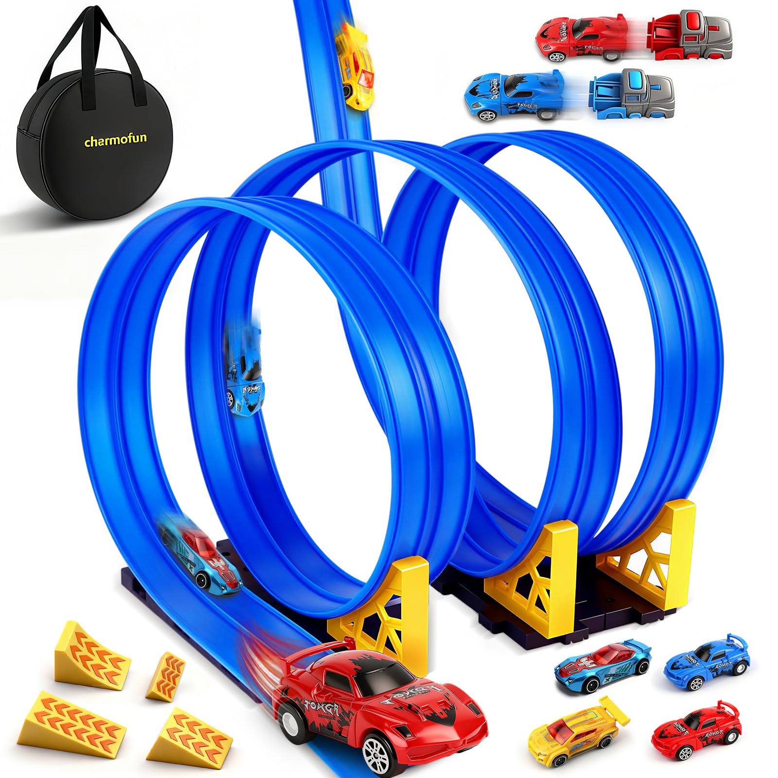 Charmofun Pista De Coches Flexible 5M Con 4 Coches, Rampas, Catapulta Y Bolsa De Almacenaje, Ideal Para Niños +3 Años, Circuito De Doble Vía Para Carreras Locas