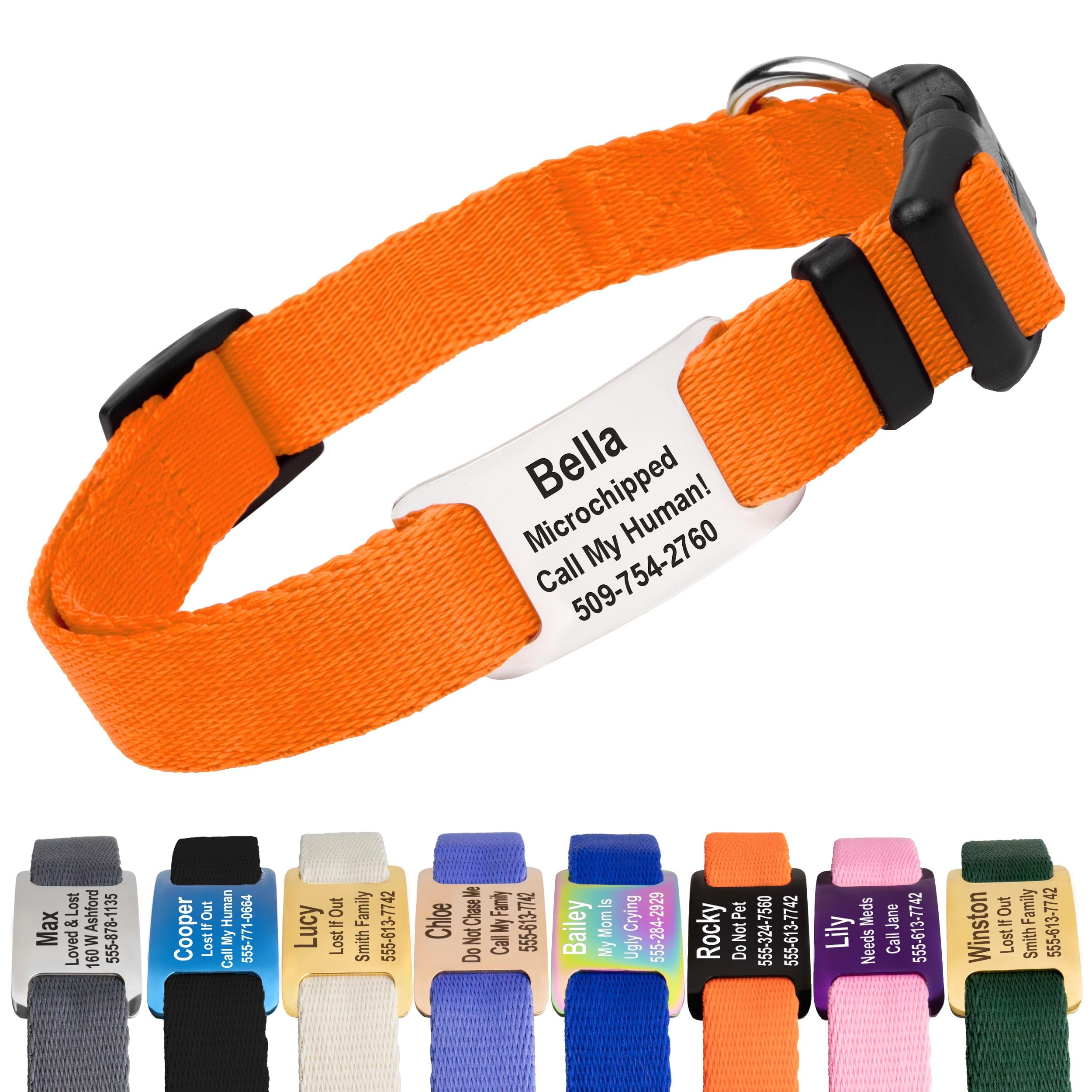 GoTags Personalized Dog Collar with Nameplate, Adjustable Dog Collar with Custom Engraved Slide On Pet ID Tag in Stainless Steel, Silent, No Noise Dog