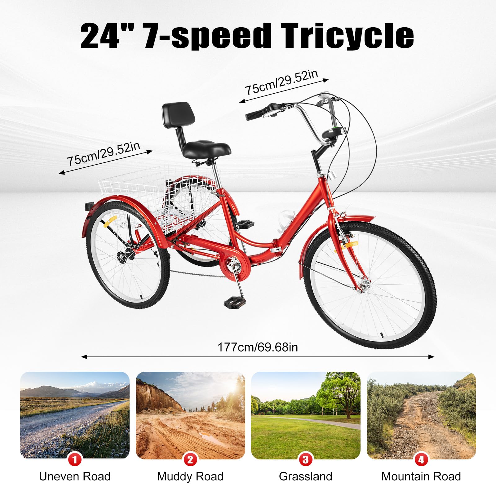 Triciclo da 24 Pollici per Adulti, a 7 Marce, Triciclo Pieghevole con Schienale e Cestino, 3 Ruote, Bici 24 Pollici con Luce, Bicicletta Pieghevole Adulto per Sport all'aria Aperta, Shopping