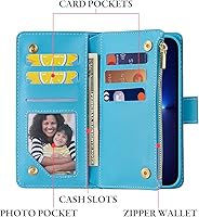 Vista 3 de UEEBAI Funda para iPhone 13 de 6.1 pulgadas, Cartera de piel sintética retro a prueba de golpes con función de soporte de ranuras para tarjetas, Azul