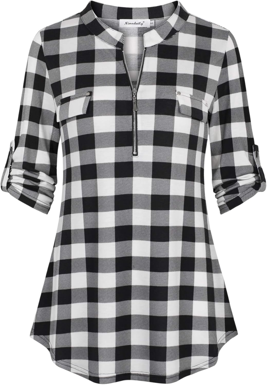 Ninedaily Women's 3/4 Sleeve Plaid Shirts Zip Floral Casual Tunic Blouse Tops